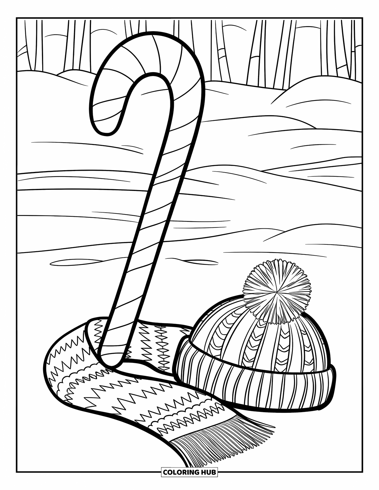 Candy Cane Coloring Page for Kids: A scarf and hat lie next to a candy cane on snowy ground