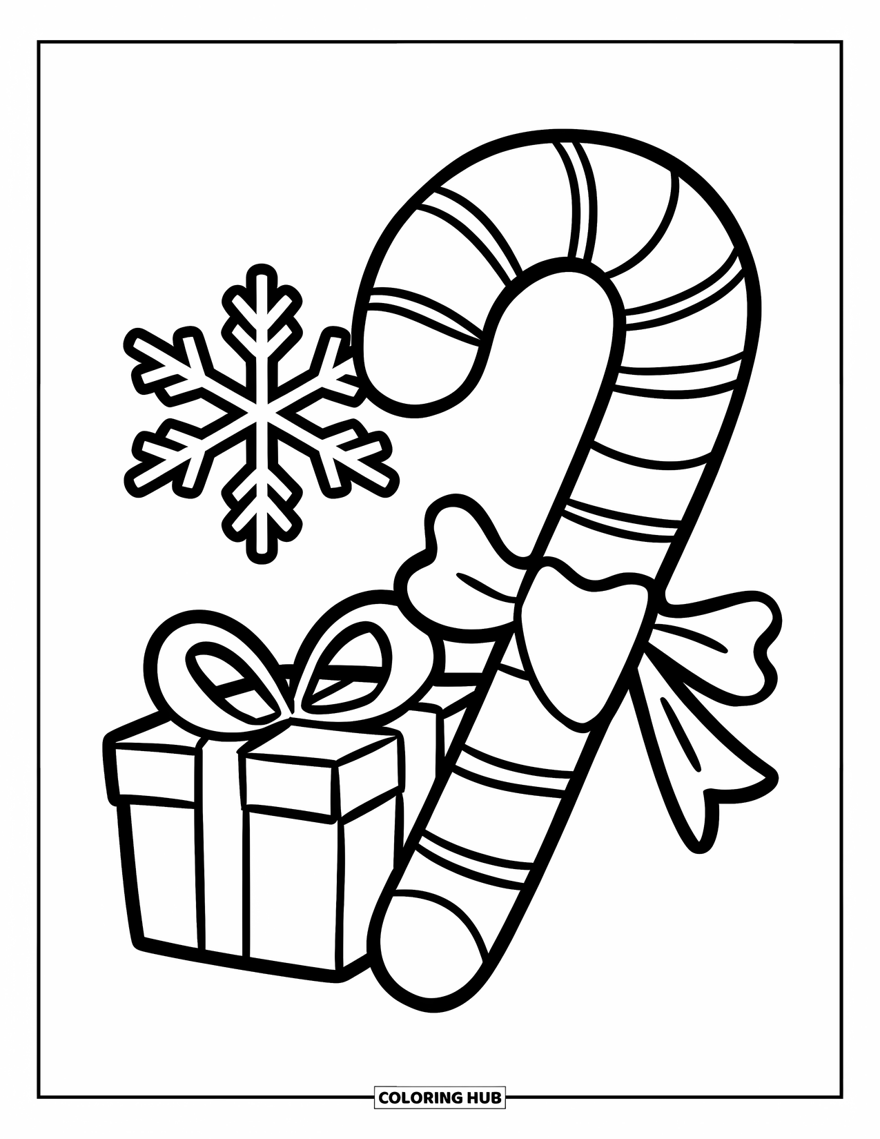 Candy Cane Coloring Page for Kids: A smiling candy cane stands beside a present box and a snowflake