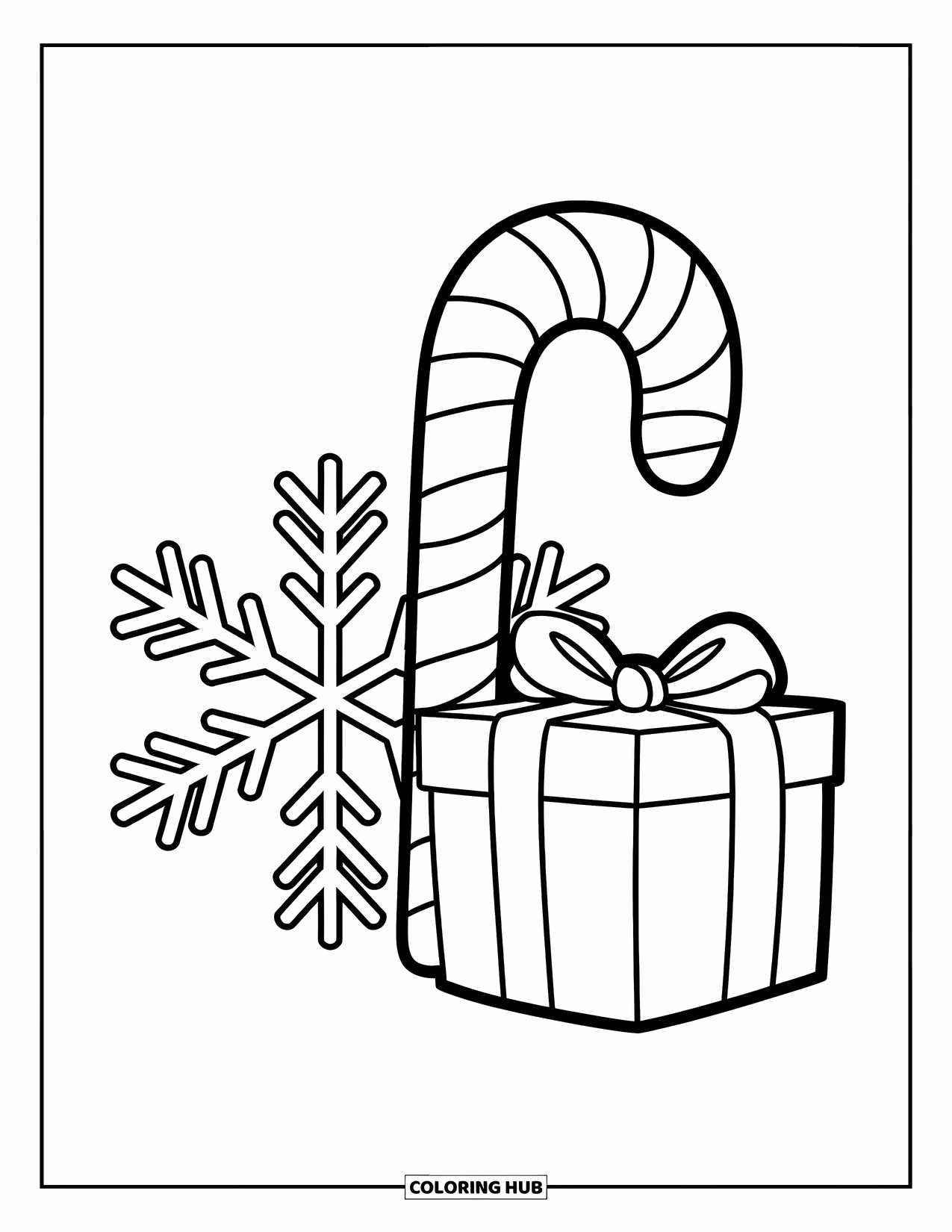 Candy Cane Coloring Page for Kids: A striped candy cane with a curly top stands by a gift box and swirly snowflake