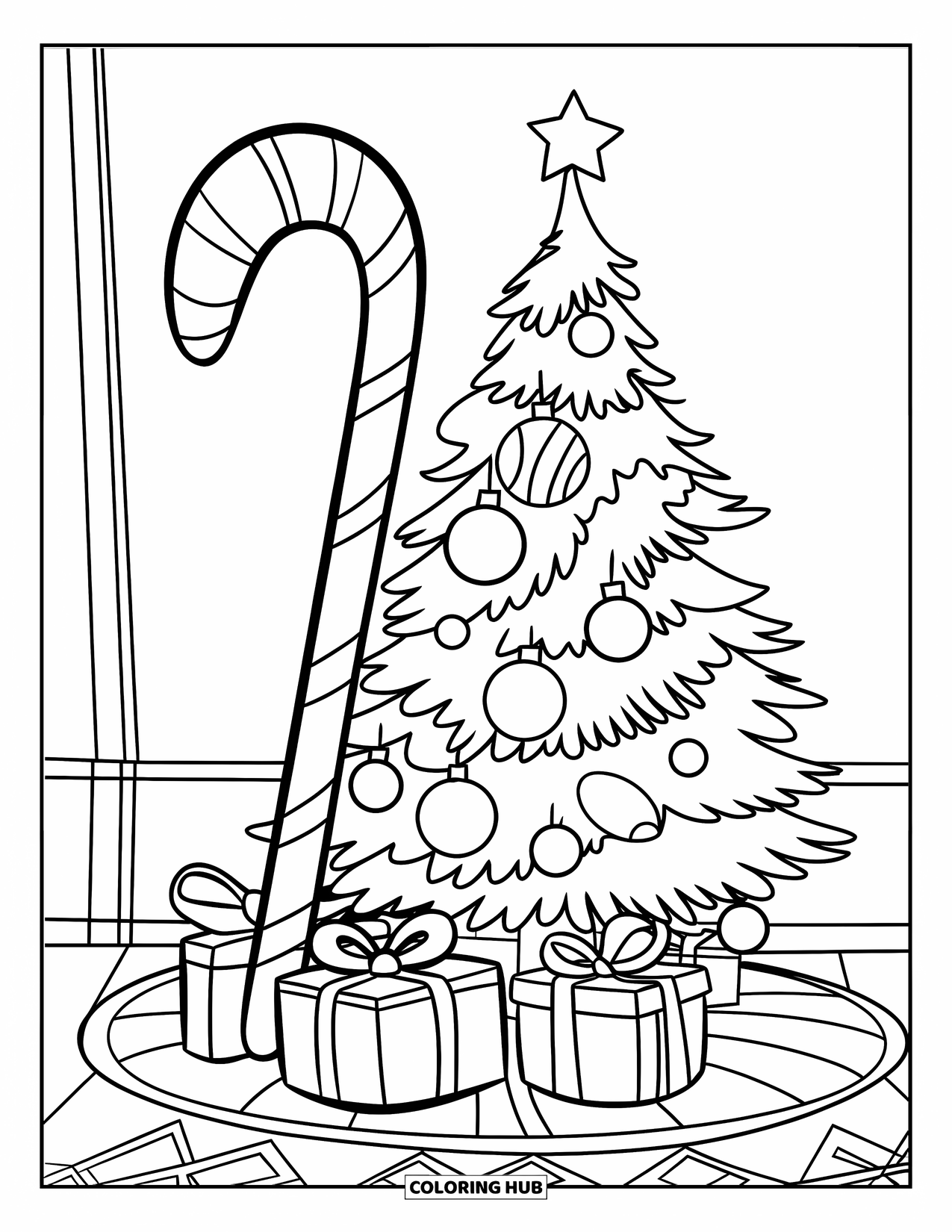 Candy Cane Coloring Page for Kids: A tall candy cane stands beside a tree with a star on top and wrapped gifts below