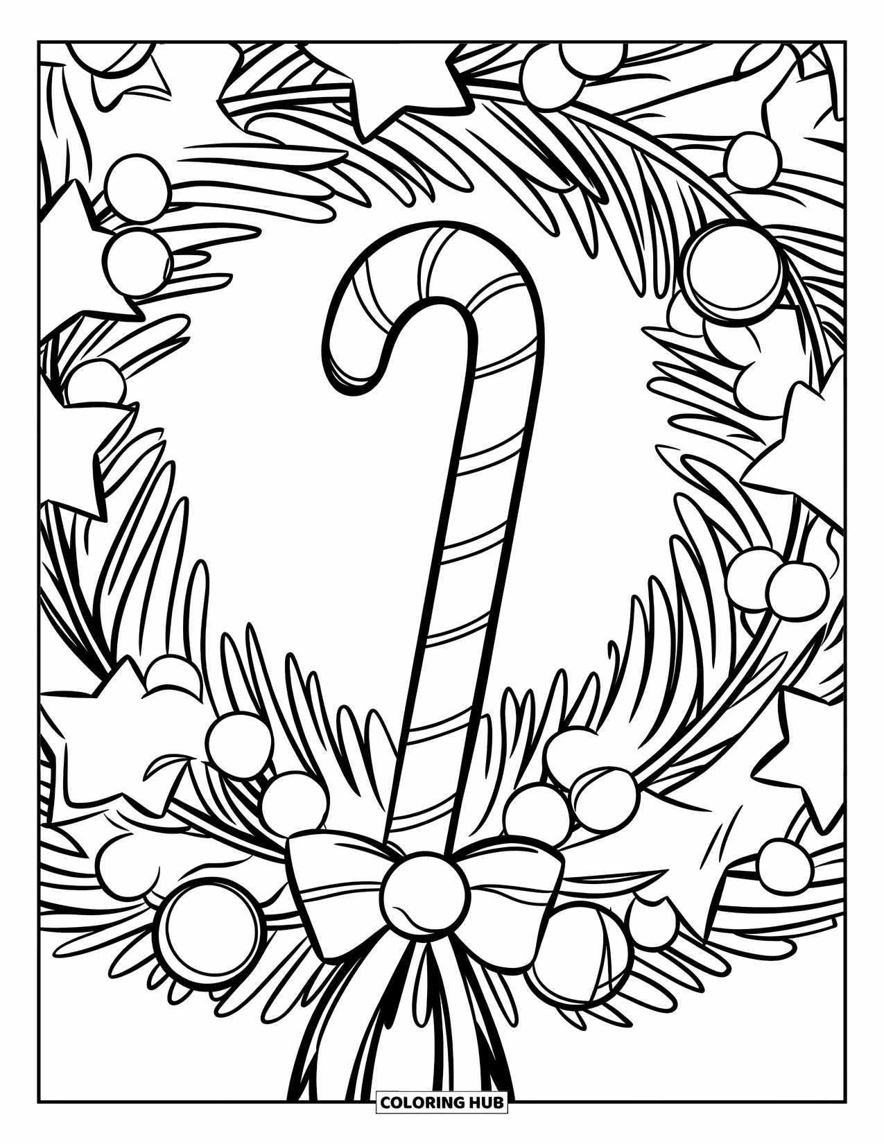 Candy Cane Coloring Page for Kids: A wreath filled with fir and stars holds a candy cane in a snowy field