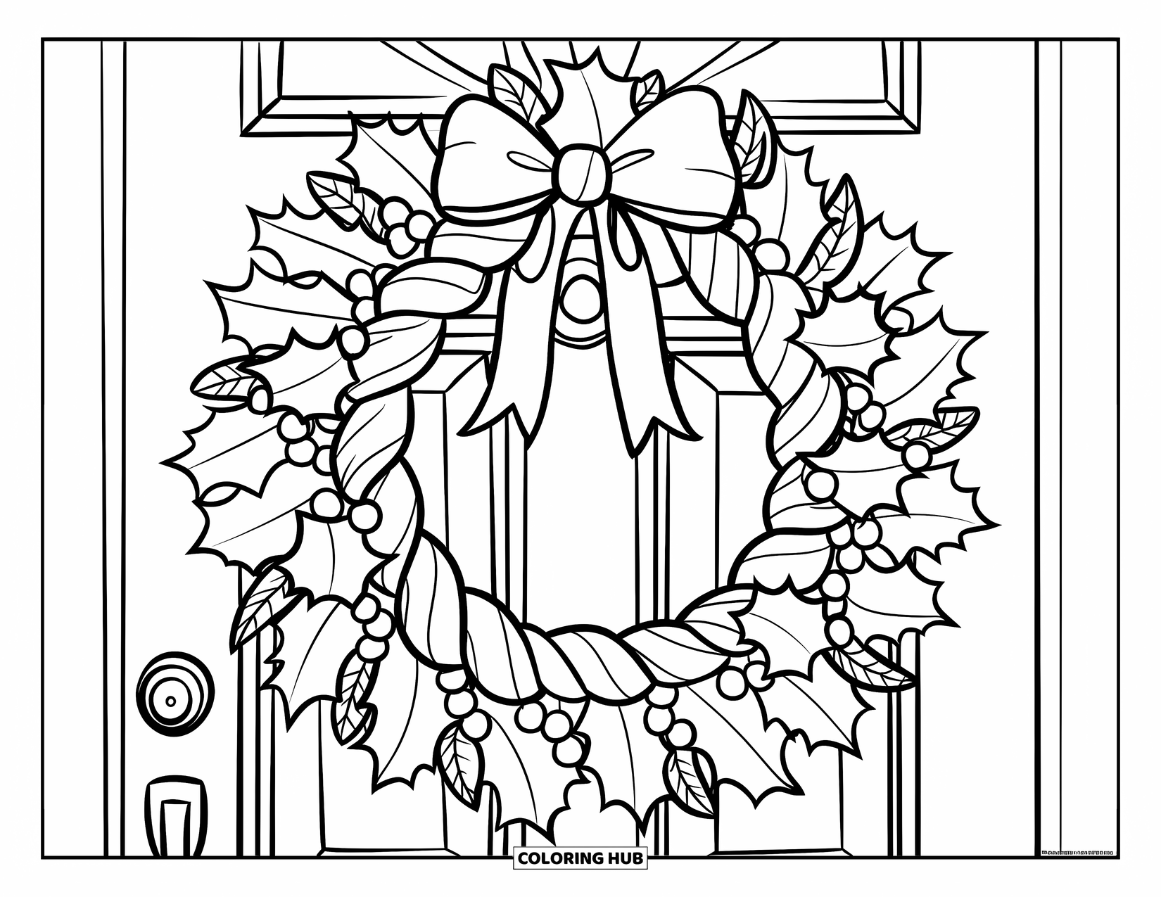 Candy Cane Coloring Page for Kids: Candy canes, holly leaves, and ribbons form a wreath hung on a door