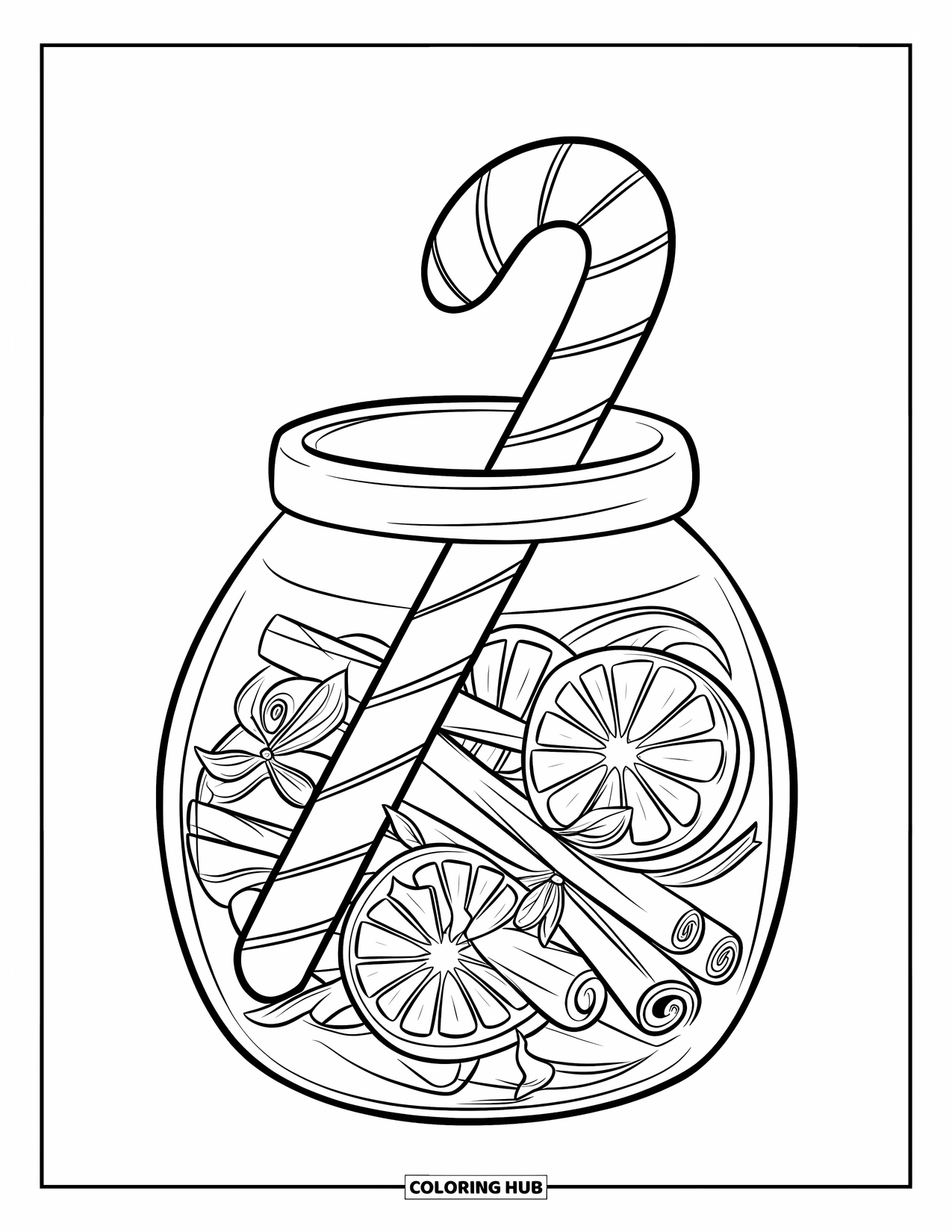 Candy Cane Coloring Page for Kids: Cinnamon, oranges, and a candy cane fill a jar in this cozy holiday scene