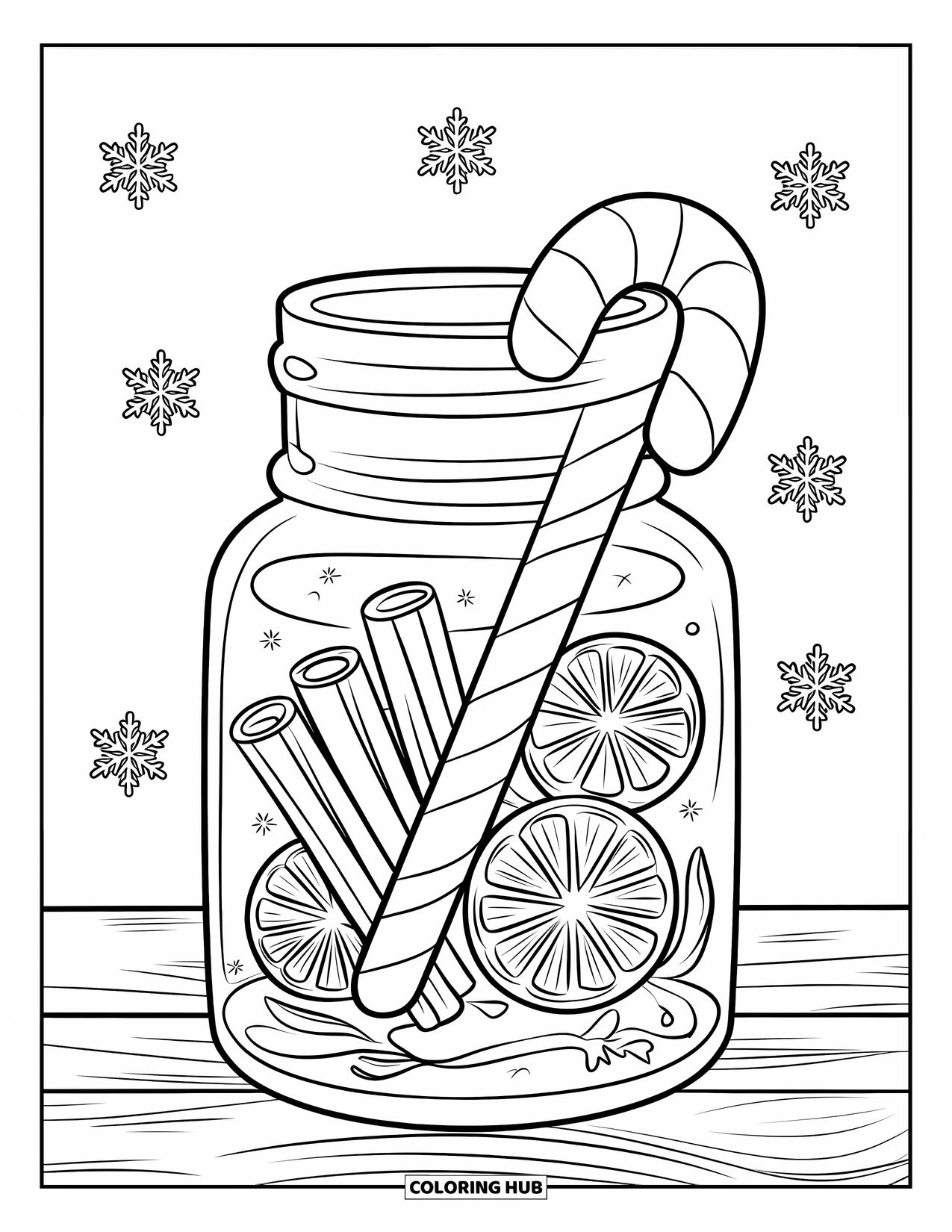 Candy Cane Coloring Page for Kids: Snowflakes fall around a jar holding a candy cane, cinnamon, and dried orange slices