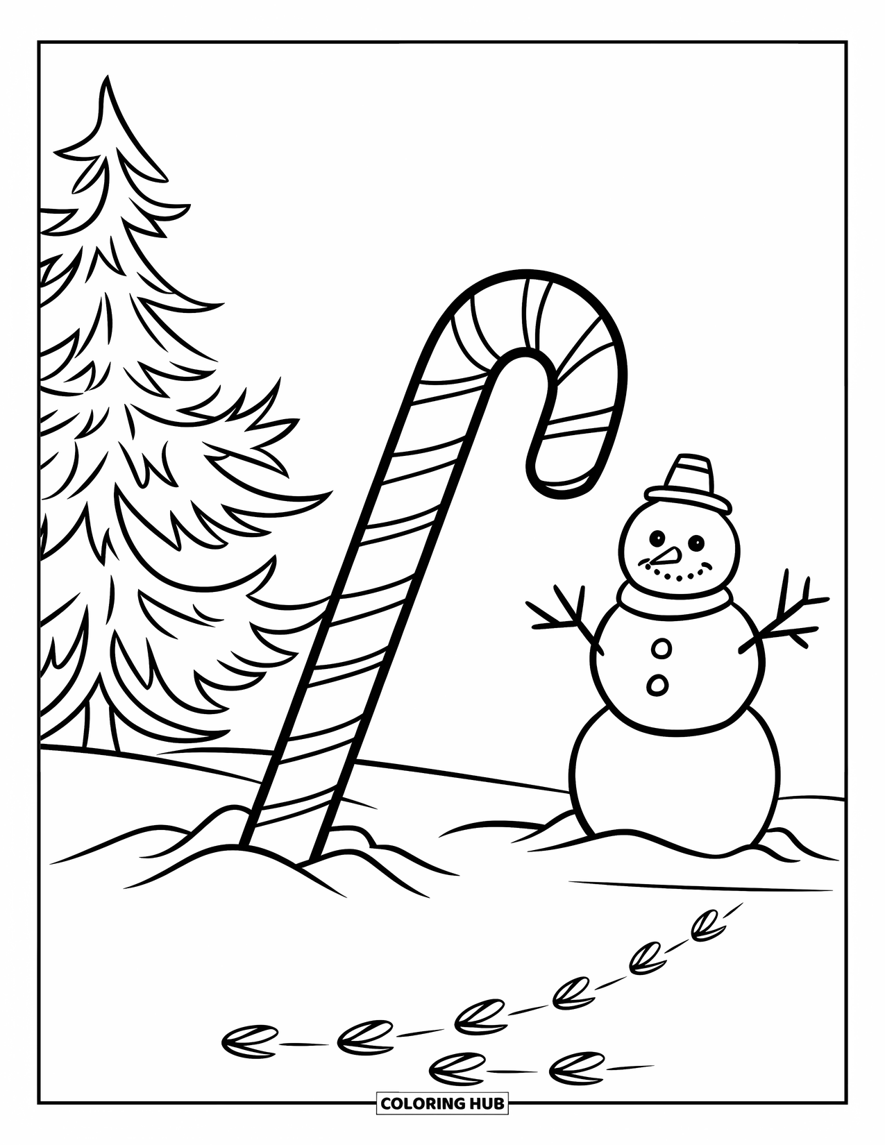 Candy Cane Coloring Page for Kids: The candy cane stands near a snowman and pine tree with bird tracks in the snow