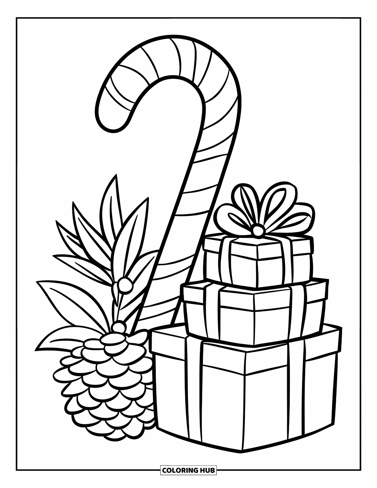 Candy Cane Coloring Page for Kids: Three presents, a candy cane, and a pinecone create a cozy holiday scene