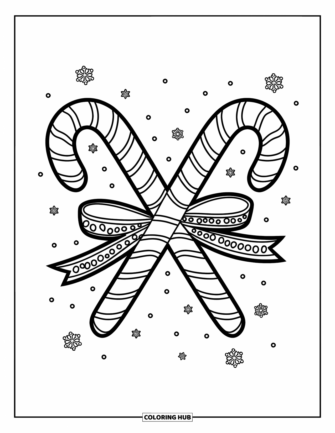 Candy Cane Coloring Page for Kids: Two candy canes cross in an X-shape with ribbons and falling snowflakes