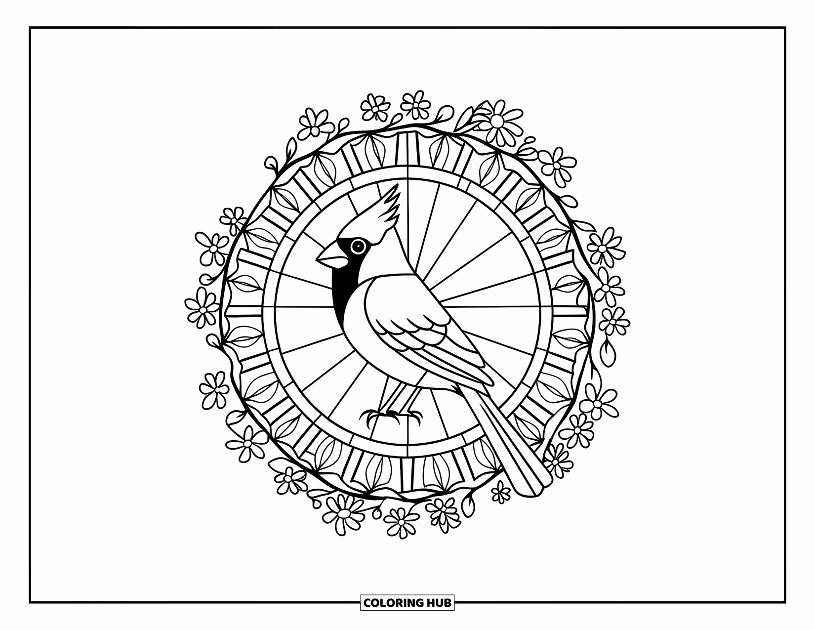 Cardinal Coloring Page for Adults: Cardinal framed by patterned stained glass and floral borders