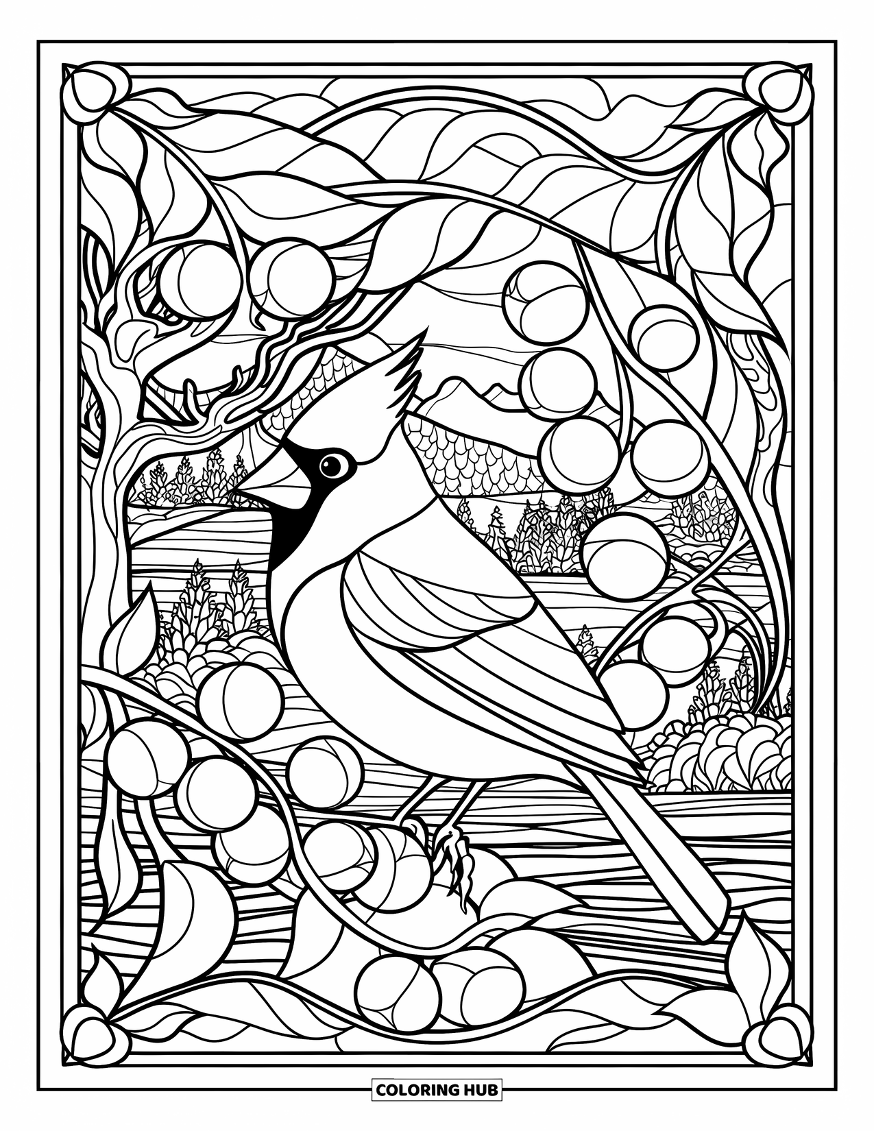 Cardinal Coloring Page for Adults: Cardinal in stained glass surrounded by trees, mountains, and water