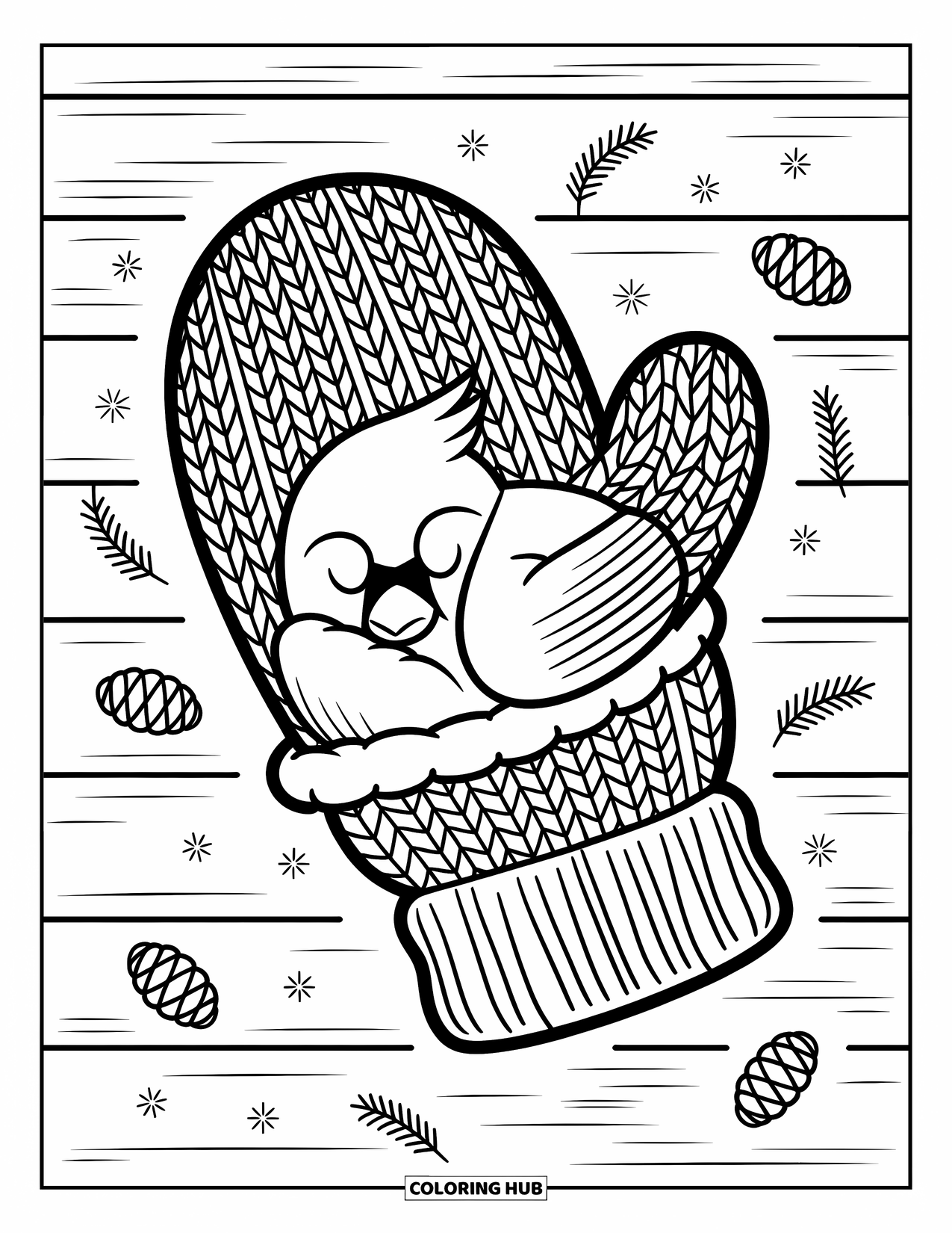 Cardinal Coloring Page for Adults: Cardinal naps in a knit mitten with snowflakes, pinecones, and winter wind