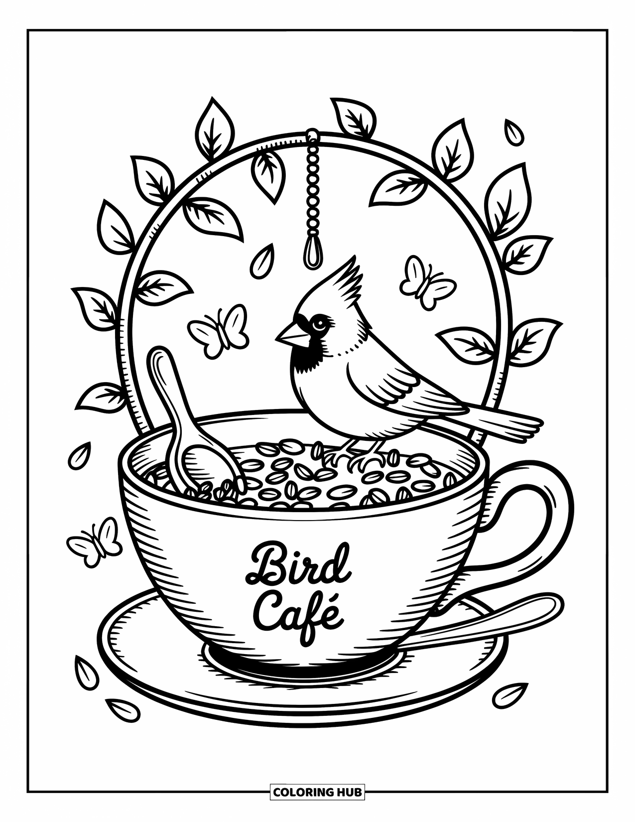 Cardinal Coloring Page for Adults: Cardinal on a teacup feeder labeled ìBird CafÈî with vines, seeds, and fluttering leaves