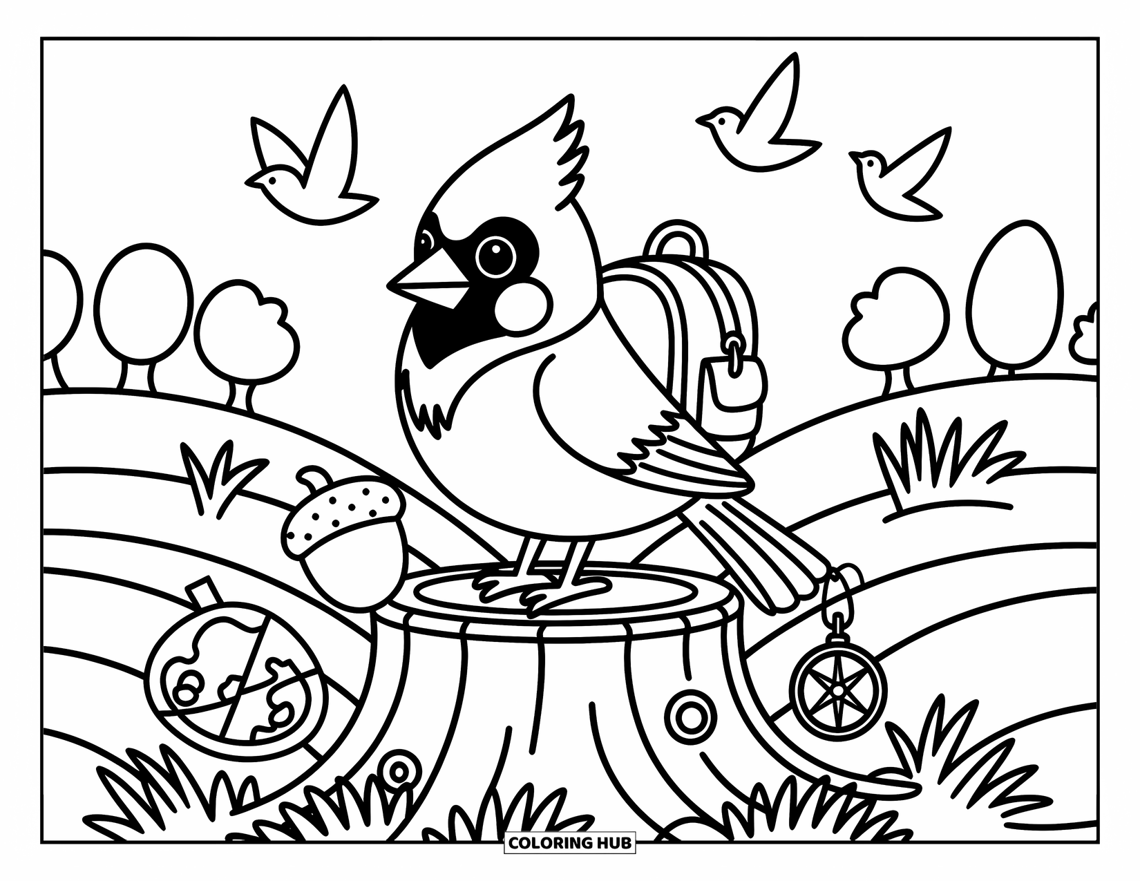 Cardinal Coloring Page for Adults: Cardinal on a tree stump with a backpack, journal, and map ready for adventure
