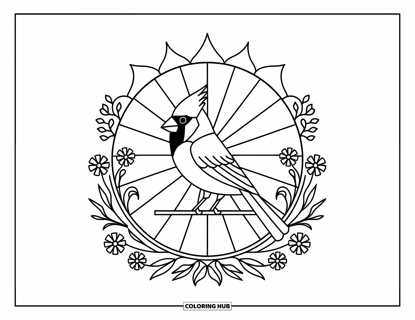 Cardinal Coloring Page for Adults: Cardinal outlined by stained glass rays and detailed wildflowers