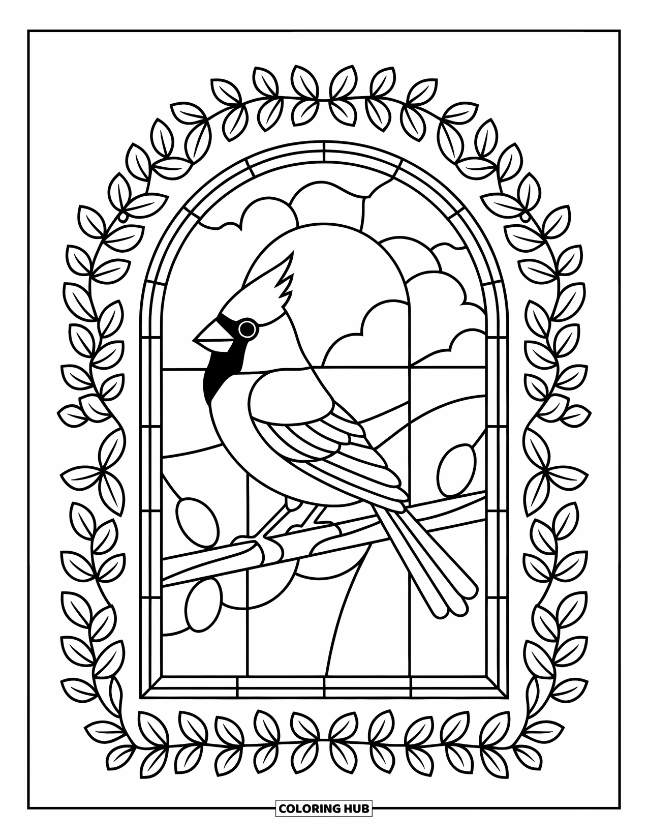 Cardinal Coloring Page for Adults: Cardinal perched inside a floral-framed stained glass window