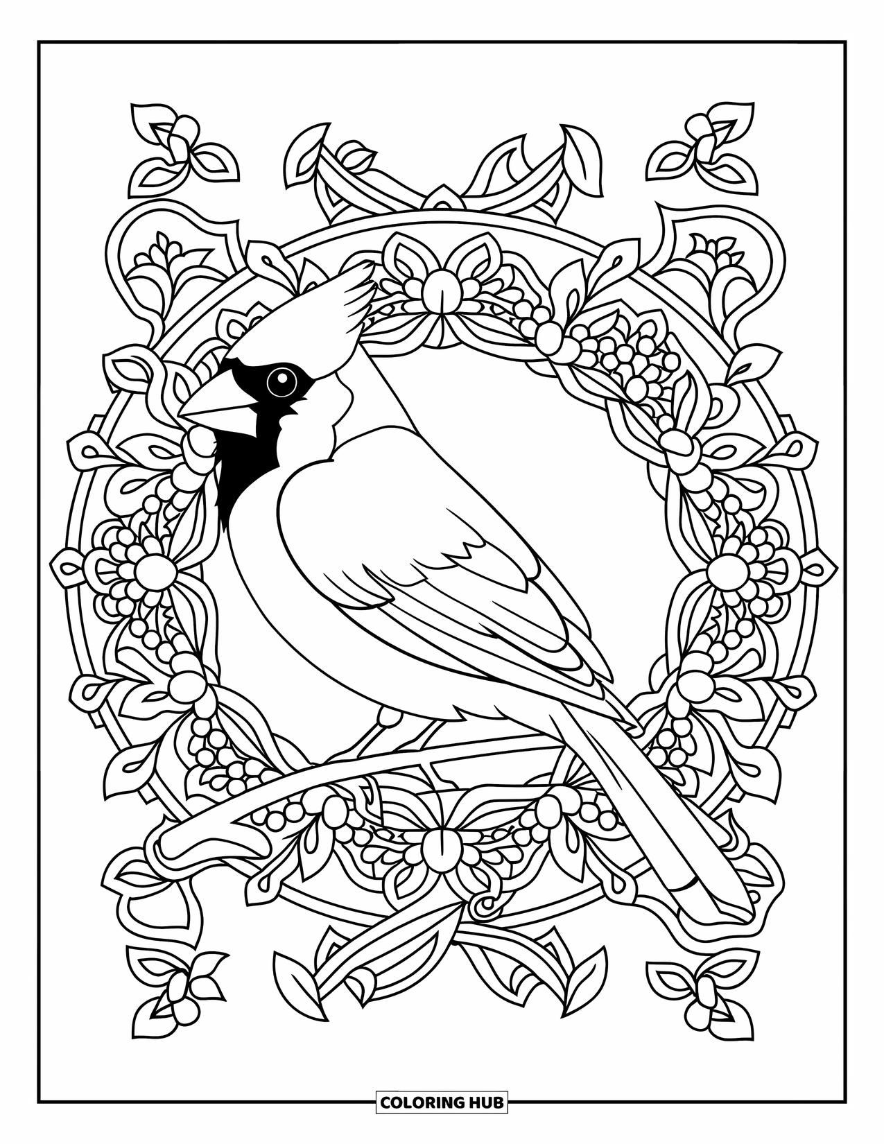 Cardinal Coloring Page for Adults: Cardinal surrounded by a circular mandala of flowers, leaves, and vines
