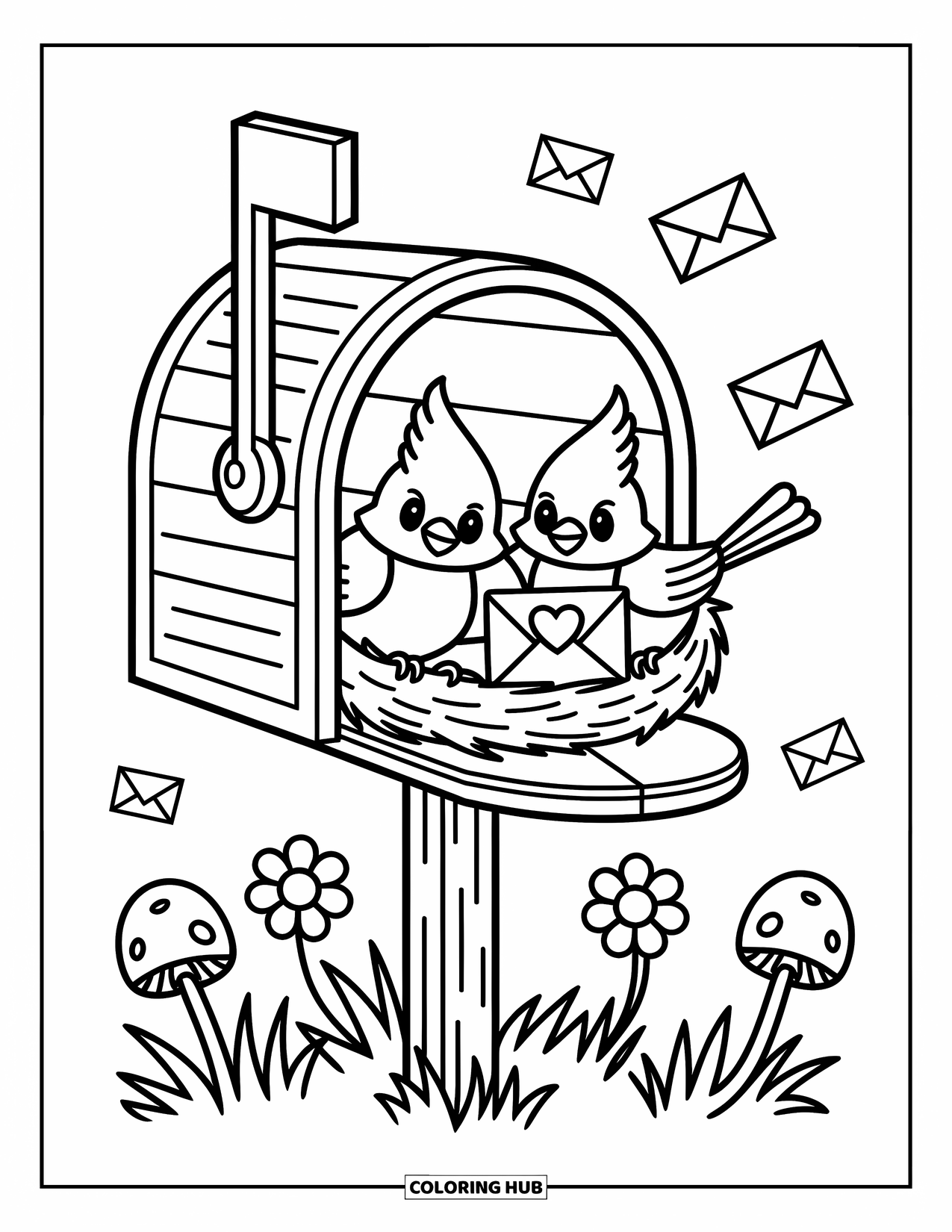 Cardinal Coloring Page for Adults: Cardinals peek from a mailbox nest with heart mail, mushrooms, and floating envelopes