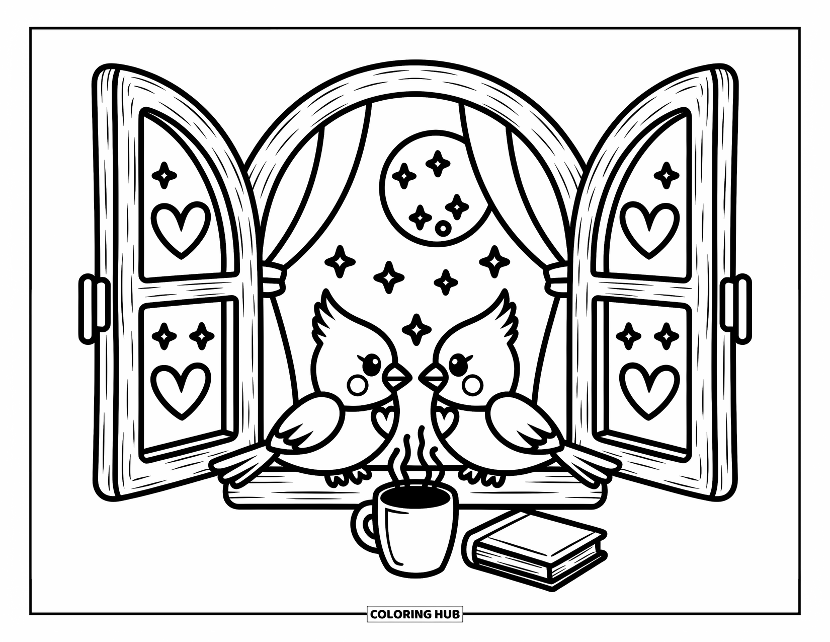 Cardinal Coloring Page for Adults: Cardinals snuggle on a window ledge under moonlight, beside a book and a steaming mug