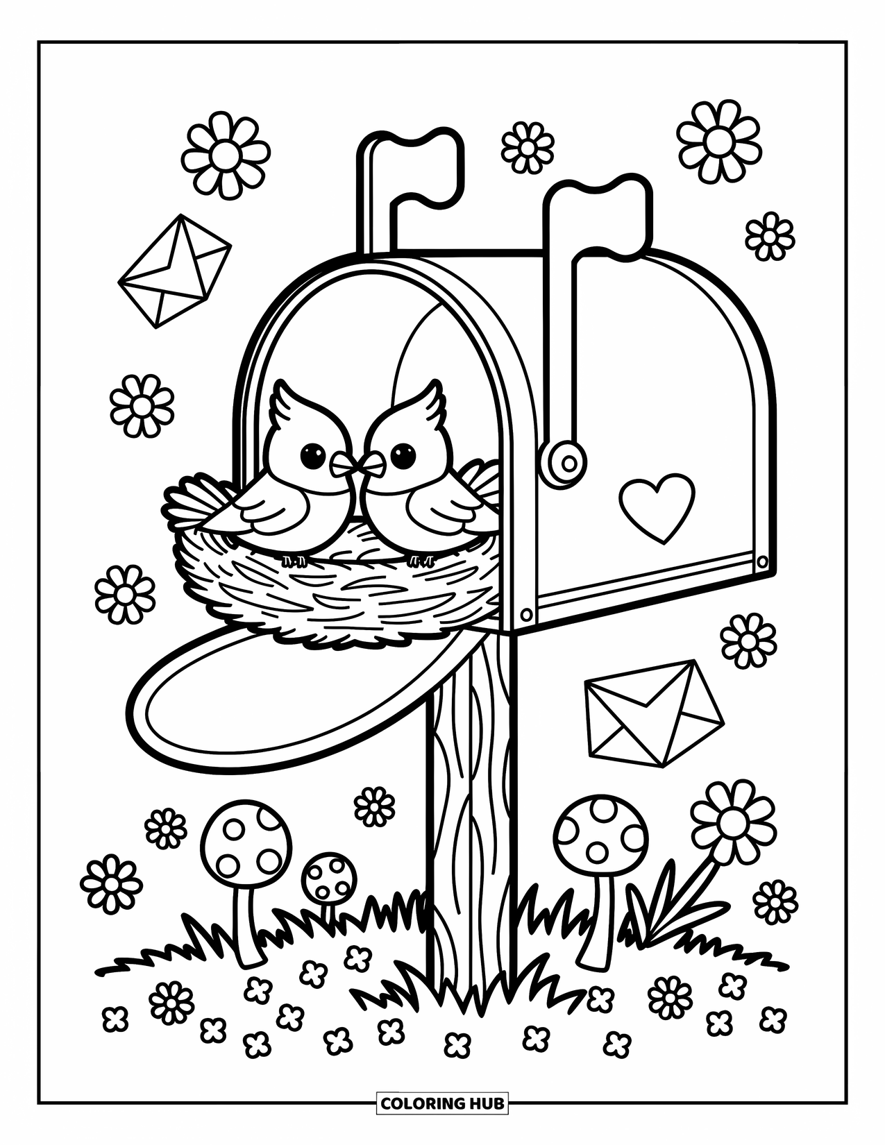 Cardinal Coloring Page for Adults: Cozy cardinals peek from a mailbox nest surrounded by grass, flowers, and heart letters