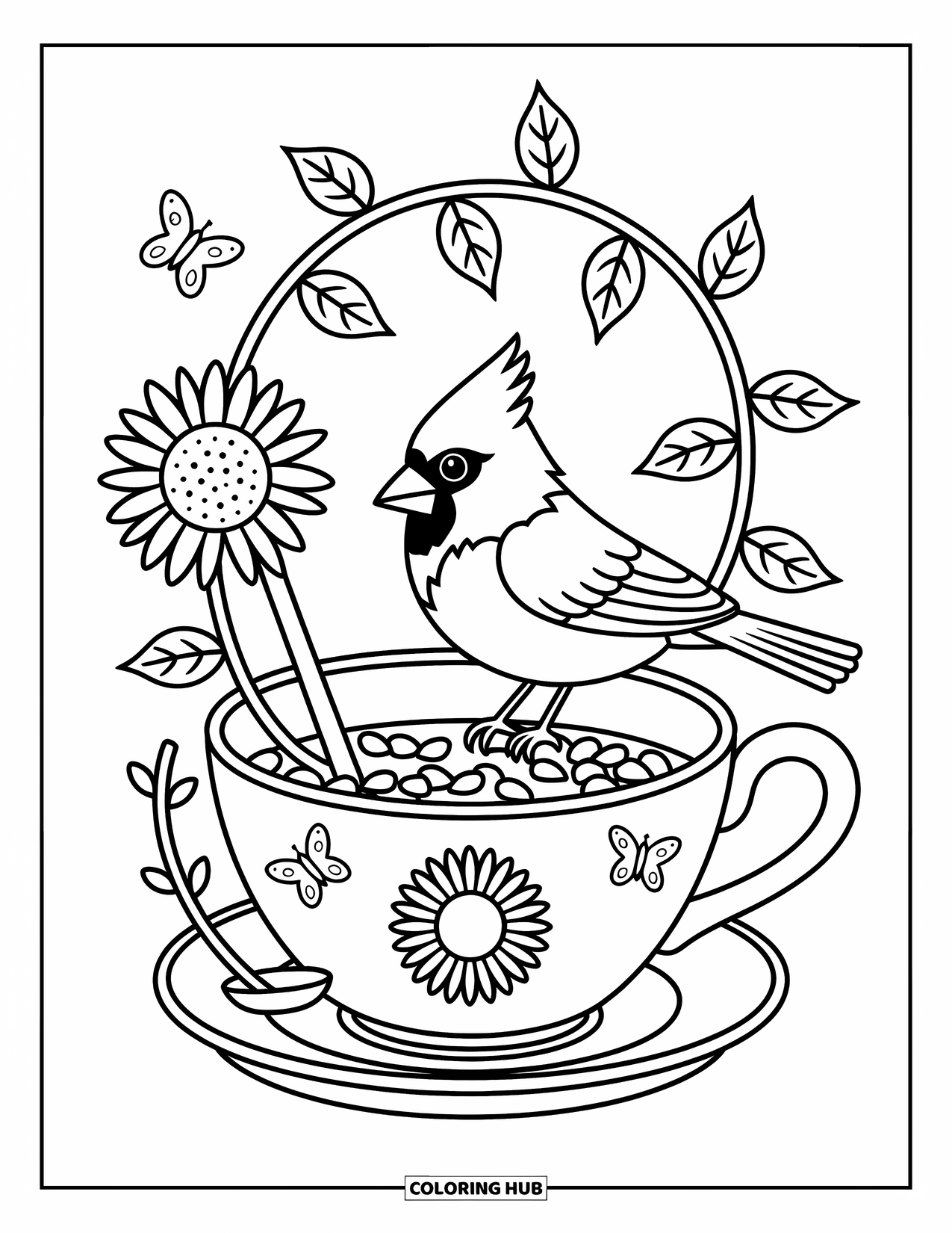 Cardinal Coloring Page for Adults: Happy cardinal sits on a teacup feeder with seeds, spoon, and cozy autumn touches