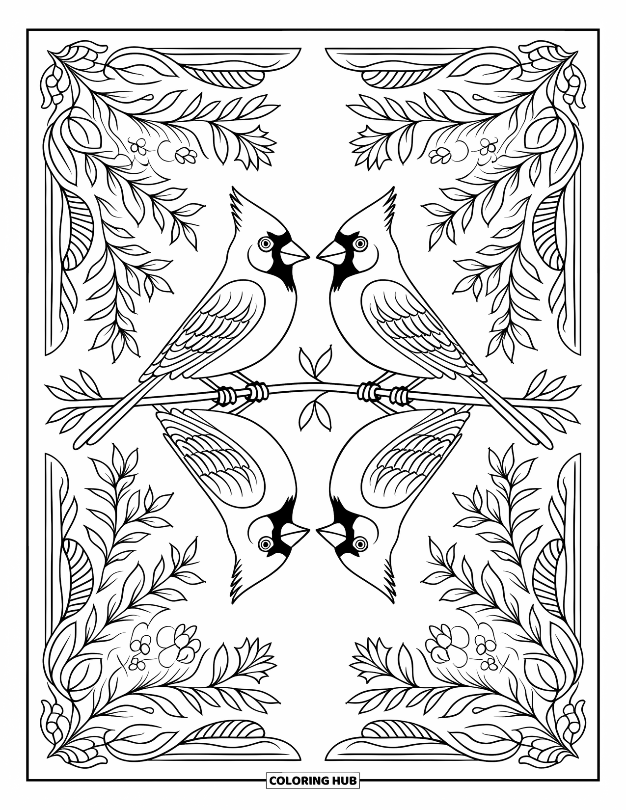 Cardinal Coloring Page for Adults: Mirrored cardinals in a symmetrical botanical design with flowers and leaves