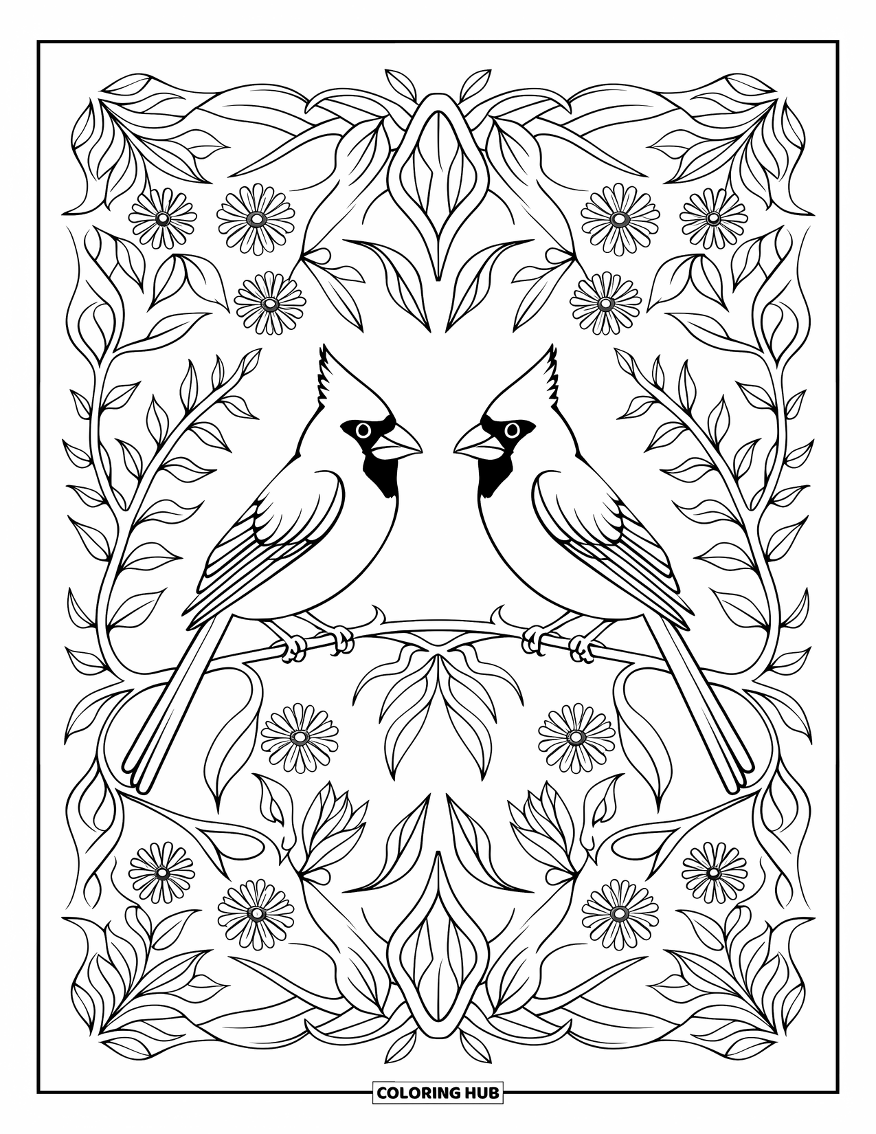 Cardinal Coloring Page for Adults: Two cardinals in a mirrored botanical mandala of vines and leaves