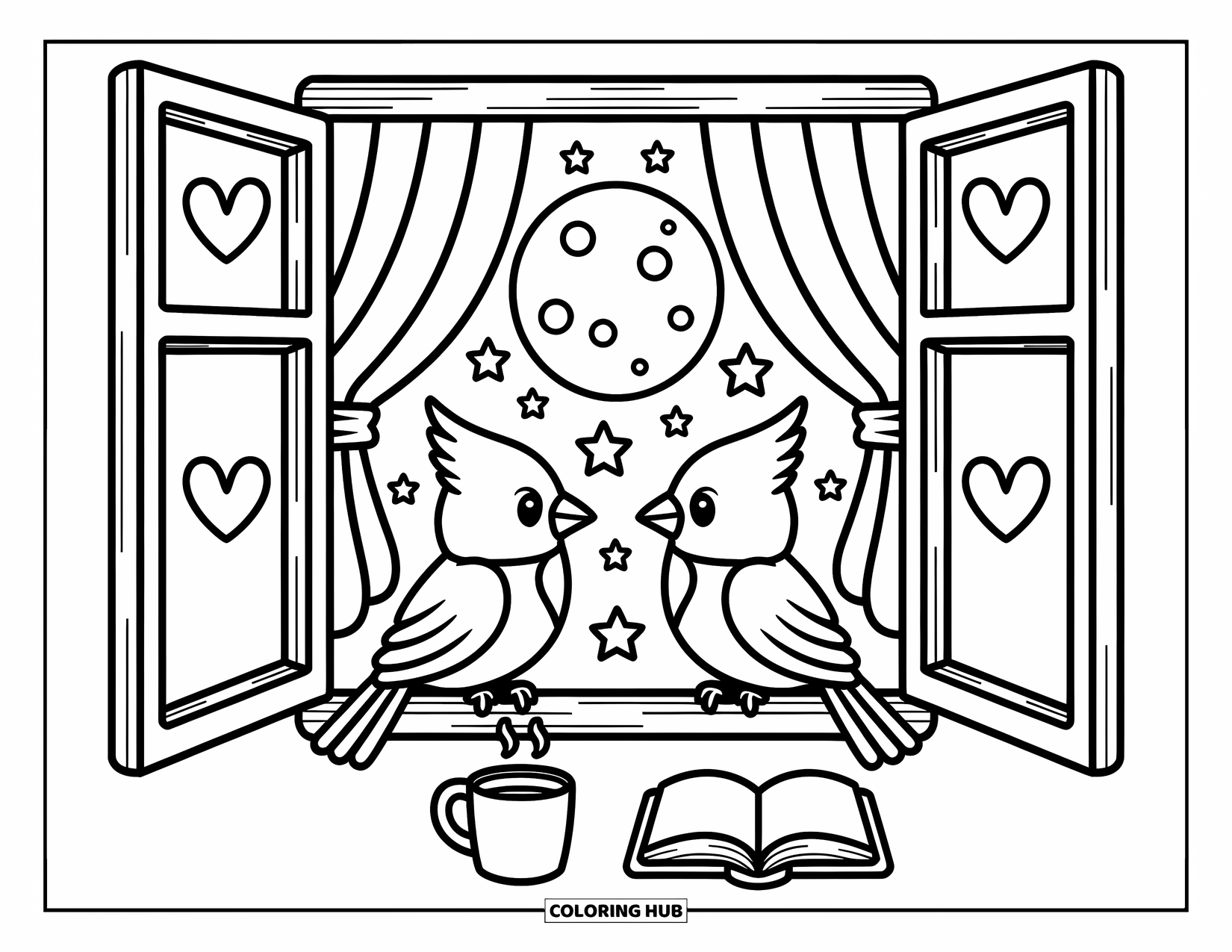 Cardinal Coloring Page for Adults: Two cardinals sit on a window sill, gazing at the full moon with a warm drink nearby