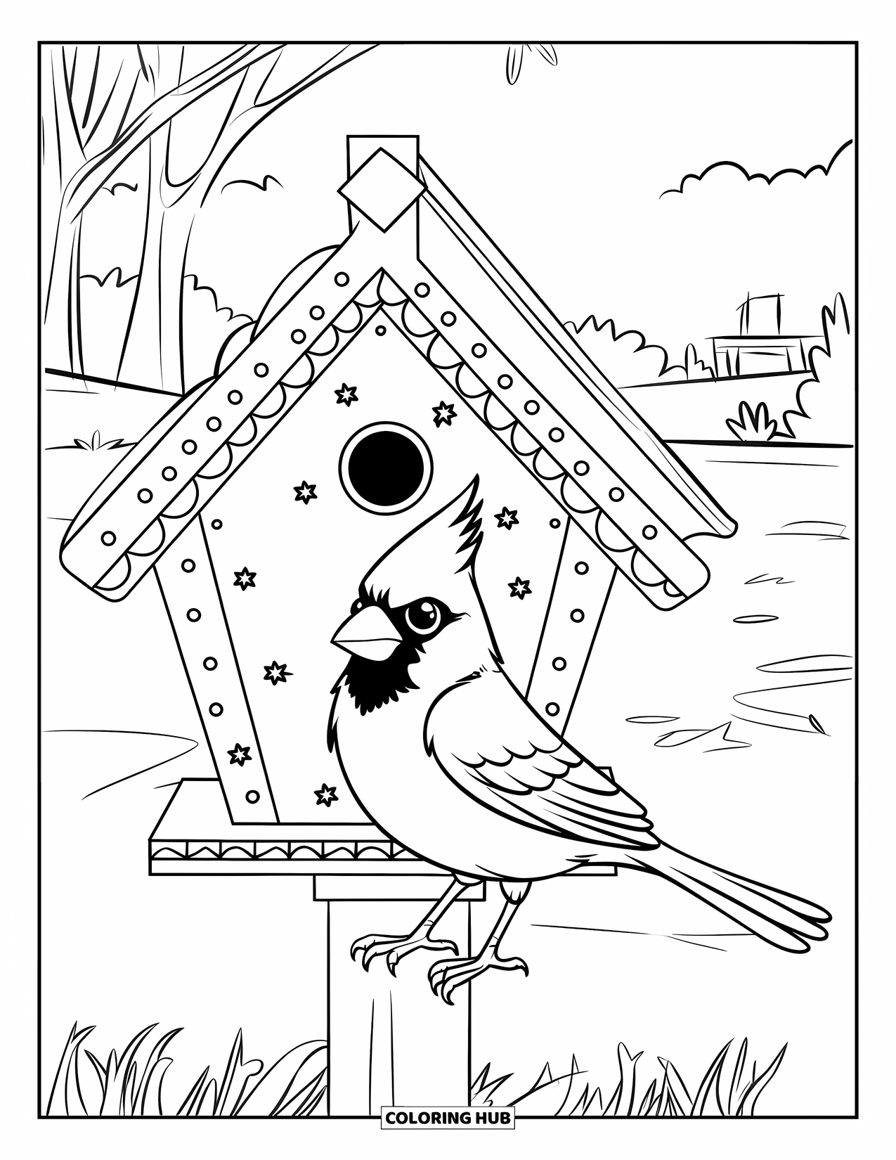Cardinal Coloring Page for Kids: Cardinal beside a multi-hole birdhouse with a view of trees