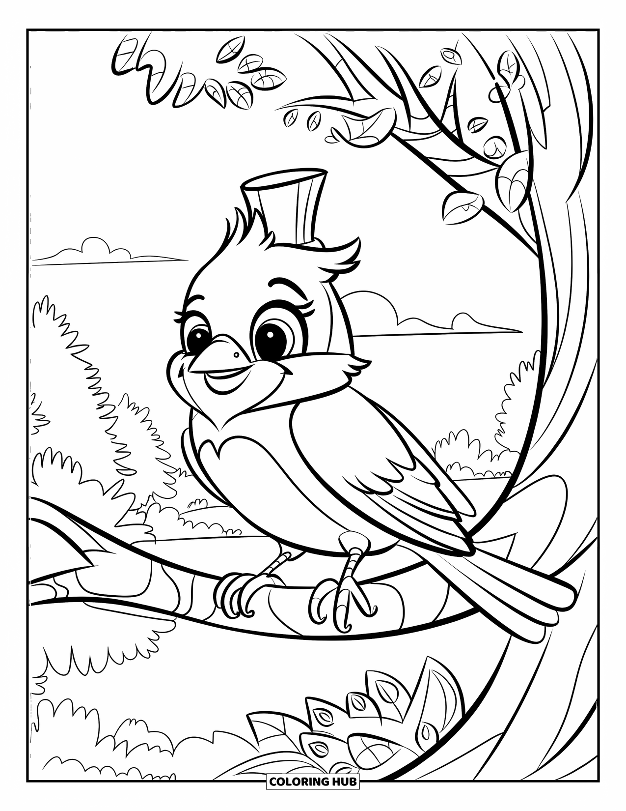 Cardinal Coloring Page for Kids: Cardinal in a top hat rests on a tree branch with leafy surroundings