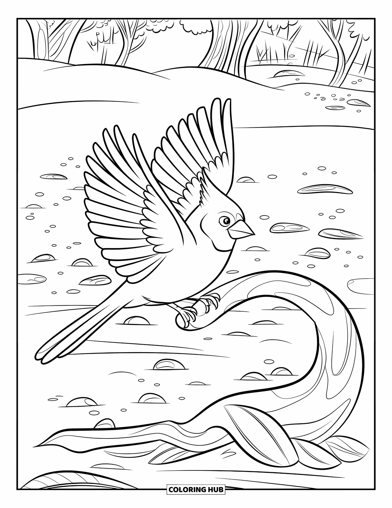 Cardinal Coloring Page for Kids: Cardinal lands on a curved branch with rocks and trees nearby