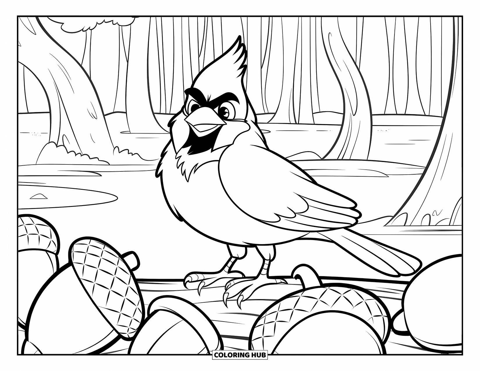 Cardinal Coloring Page for Kids: Cardinal perched on a log in a forest with acorns around