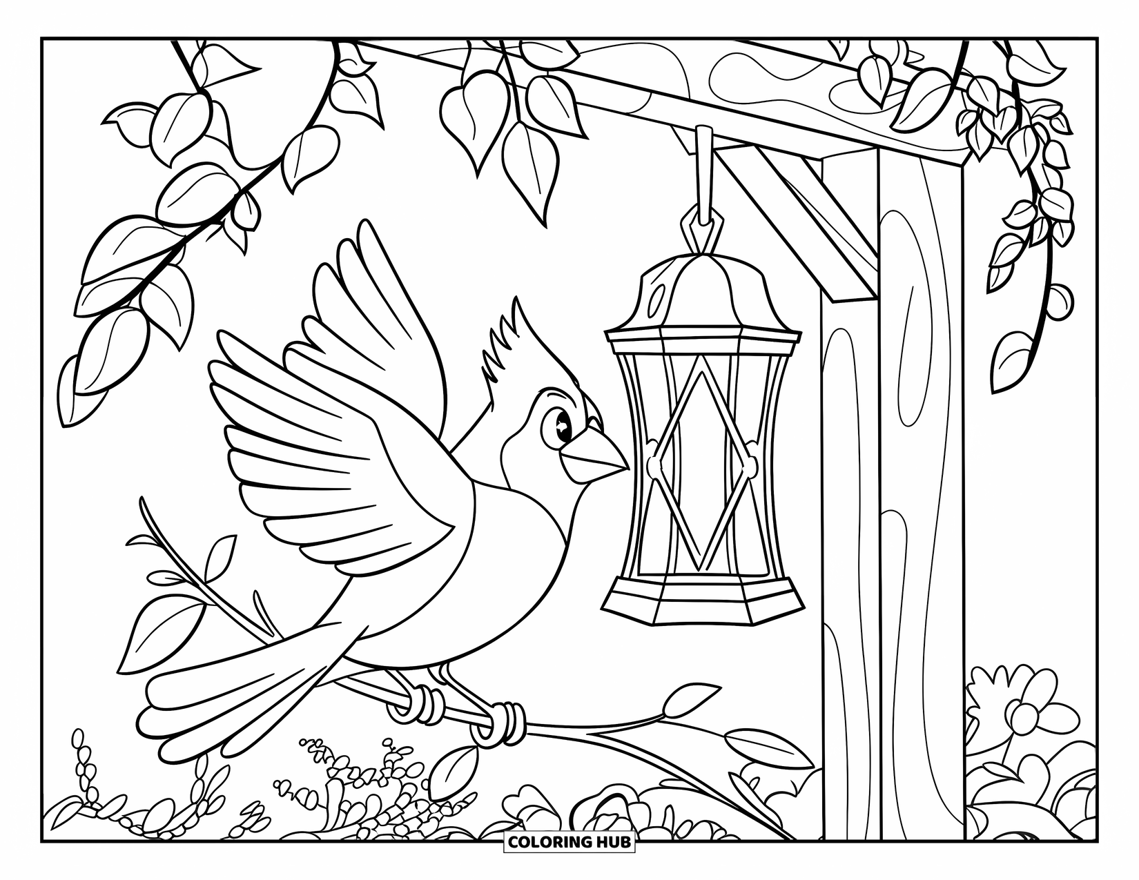 Cardinal Coloring Page for Kids: Cardinal perches near a garden lantern among ivy and flowers