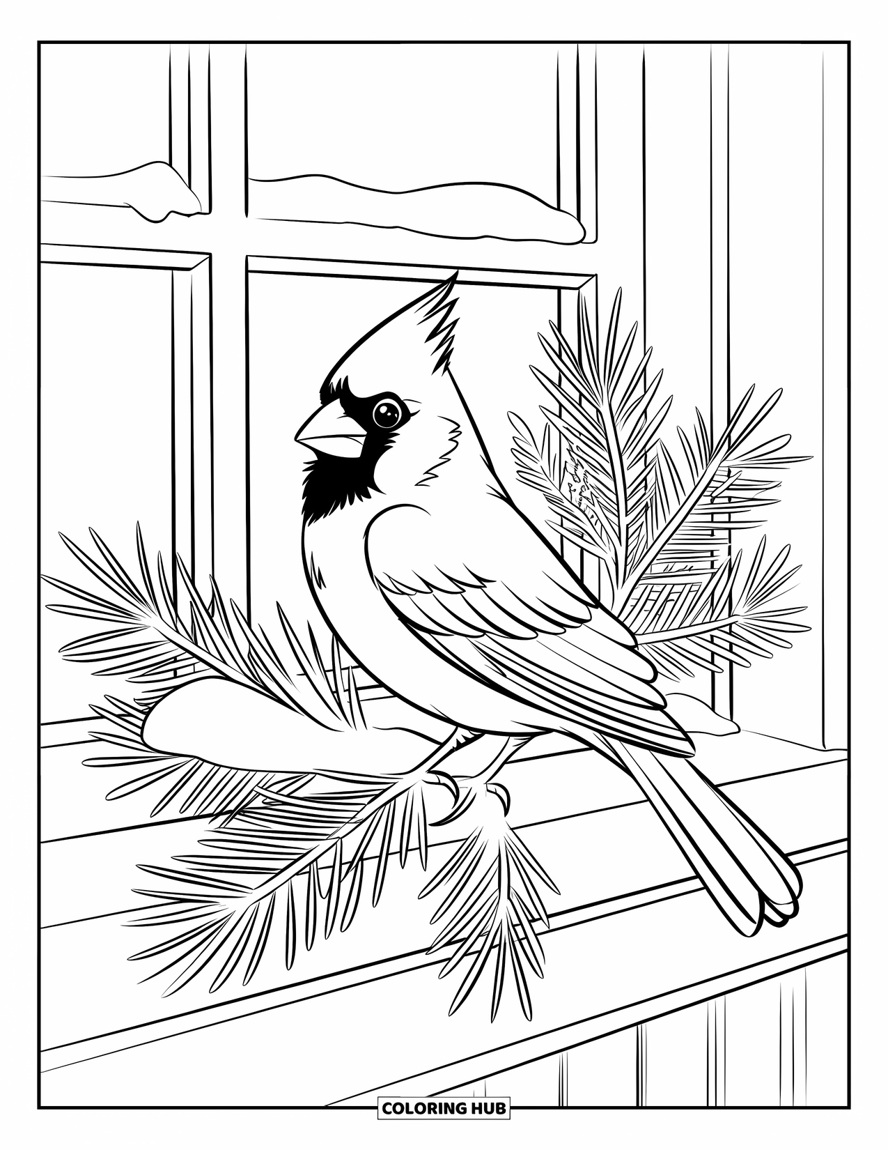 Cardinal Coloring Page for Kids: Cardinal rests on a snowy sill with bare pine branches