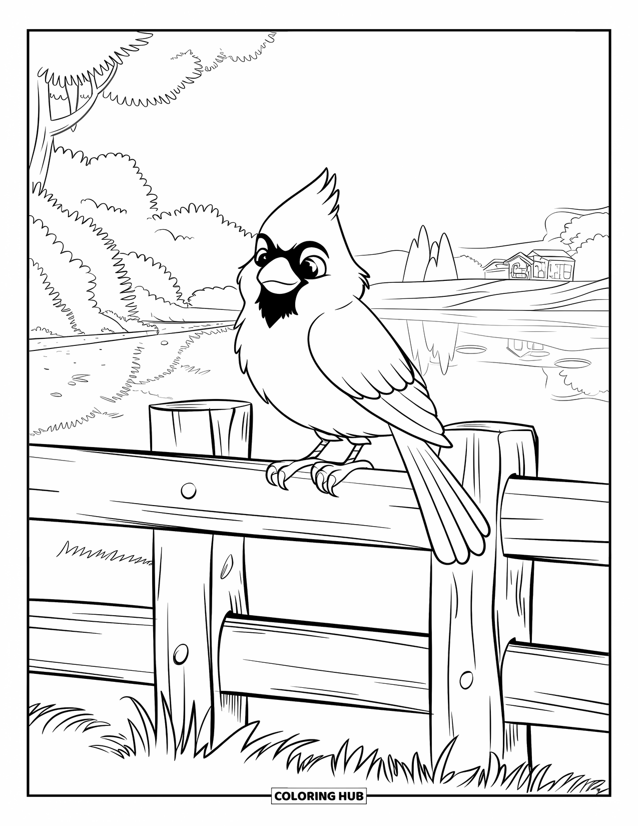 Cardinal Coloring Page for Kids: Cardinal rests on a wooden fence with trees and distant buildings