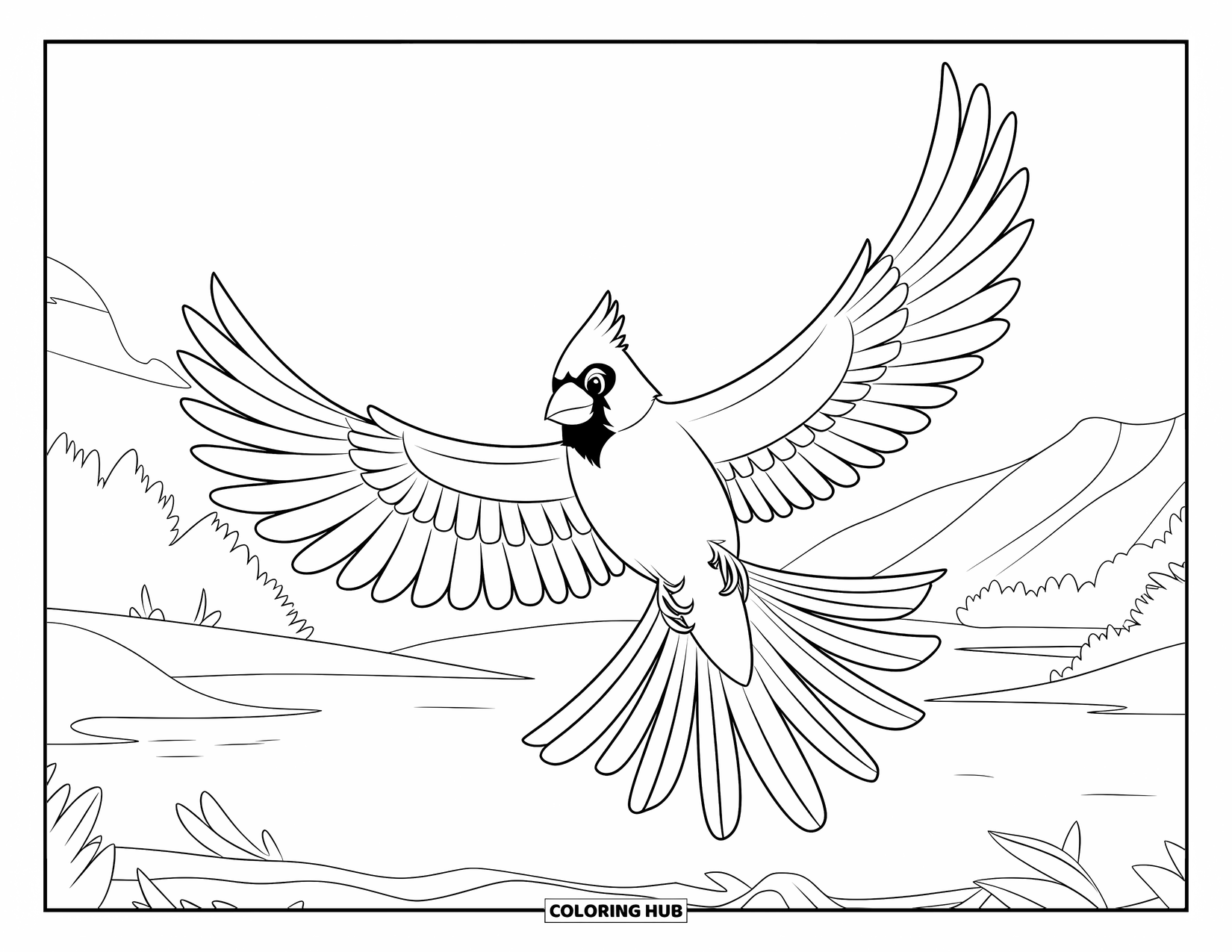 Cardinal Coloring Page for Kids: Cardinal soars with flowing feathers over mountains and water