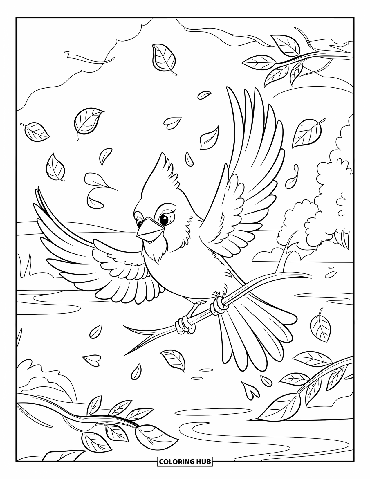 Cardinal Coloring Page for Kids: Cardinal with wings open rests among floating leaves by the water