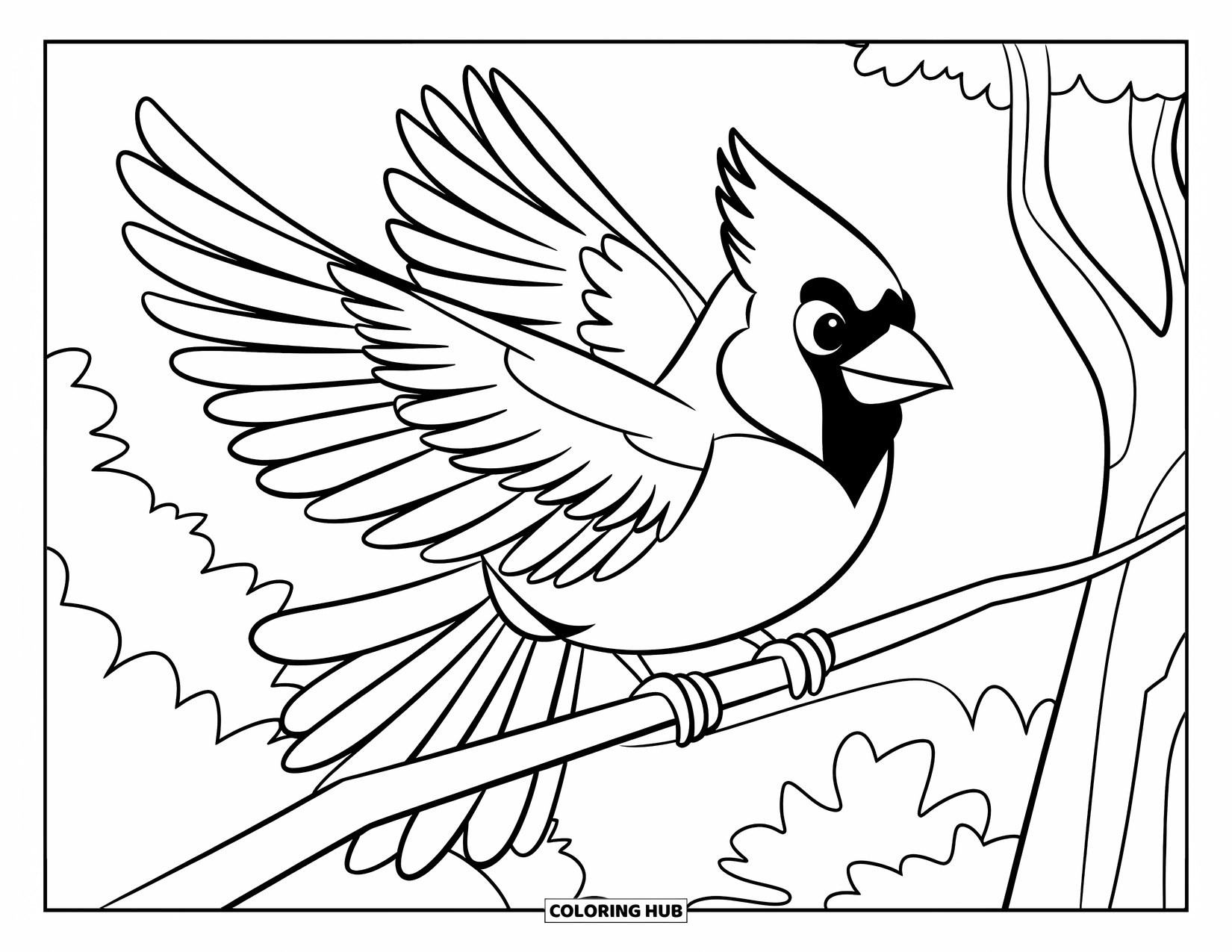 Cardinal Coloring Page for Kids: Cardinal with wings outstretched rests on a branch among trees