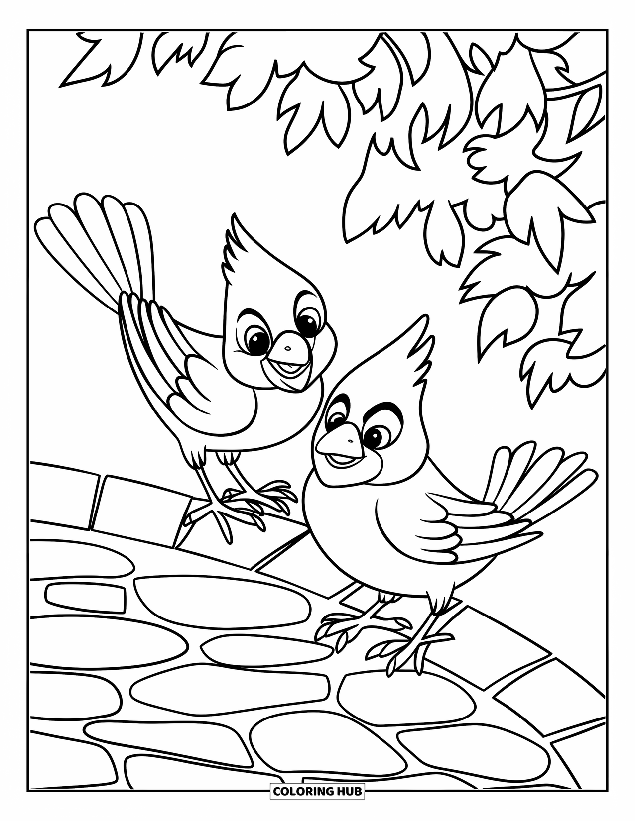 Cardinal Coloring Page for Kids: Cardinals stand on a stone path near leafy garden bushes