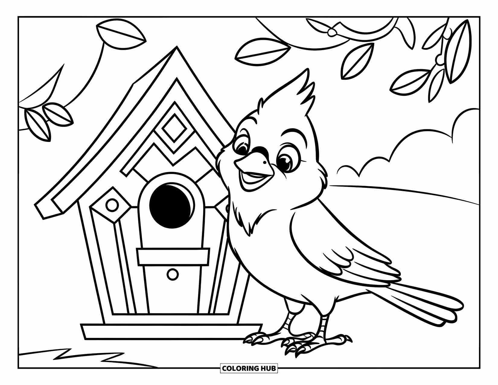 Cardinal Coloring Page for Kids: Cheerful cardinal in a hat stands by a patterned birdhouse