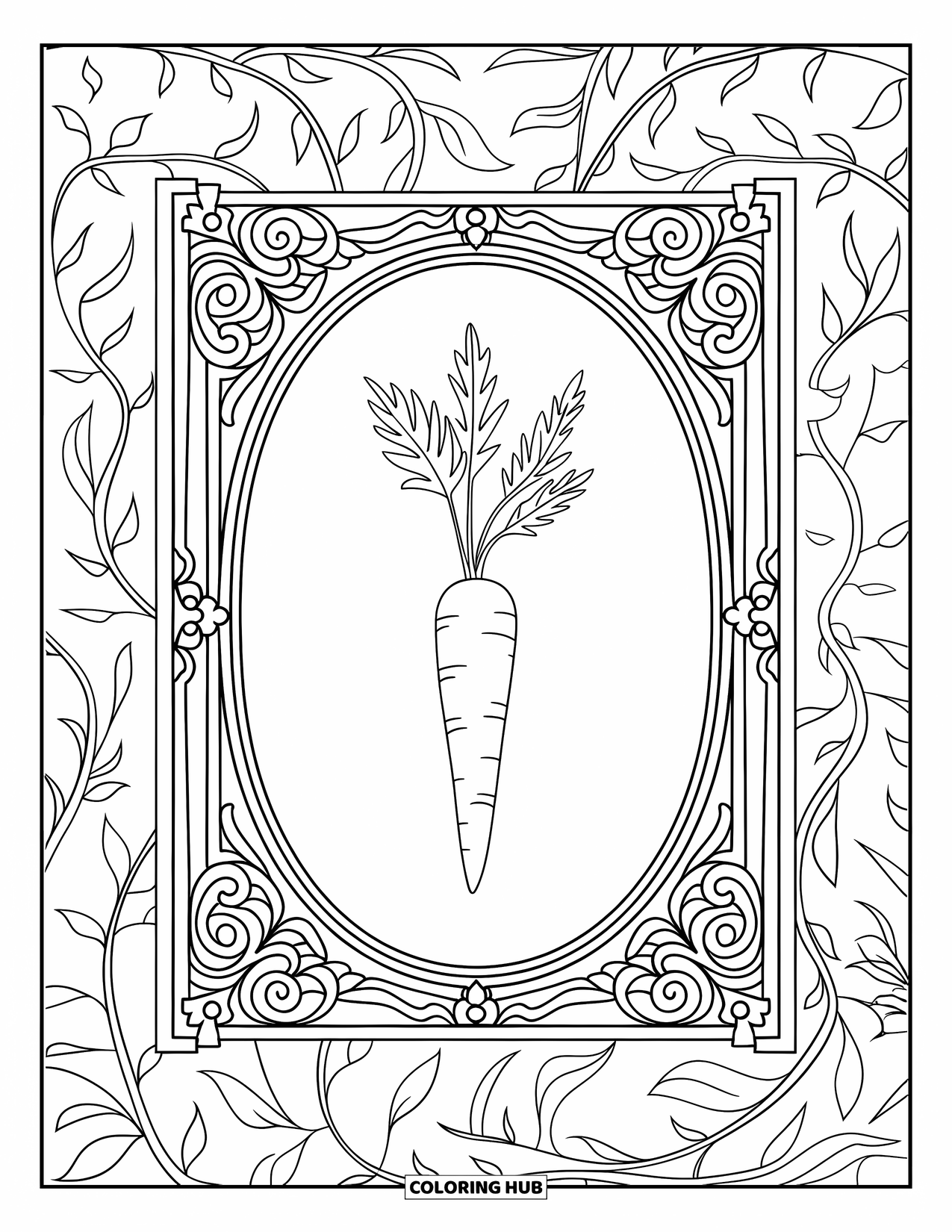 Carrot Coloring Page for Adults: A carrot is centered inside a border of leaves and floral filigree