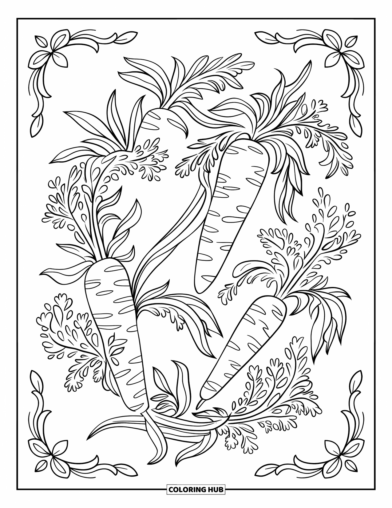 Carrot Coloring Page for Adults: A carrot pattern is filled with swirling leaves and small blossoms