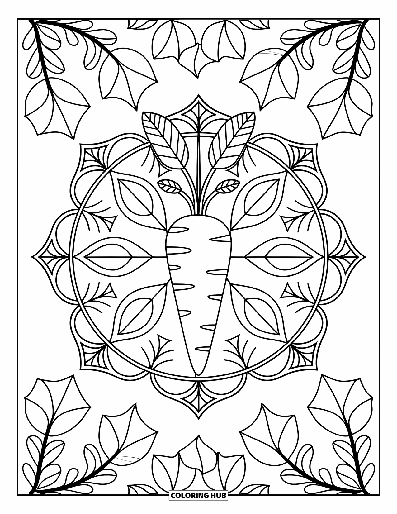 Carrot Coloring Page for Adults: A carrot rests in the center of a circular mandala of leaves and vines