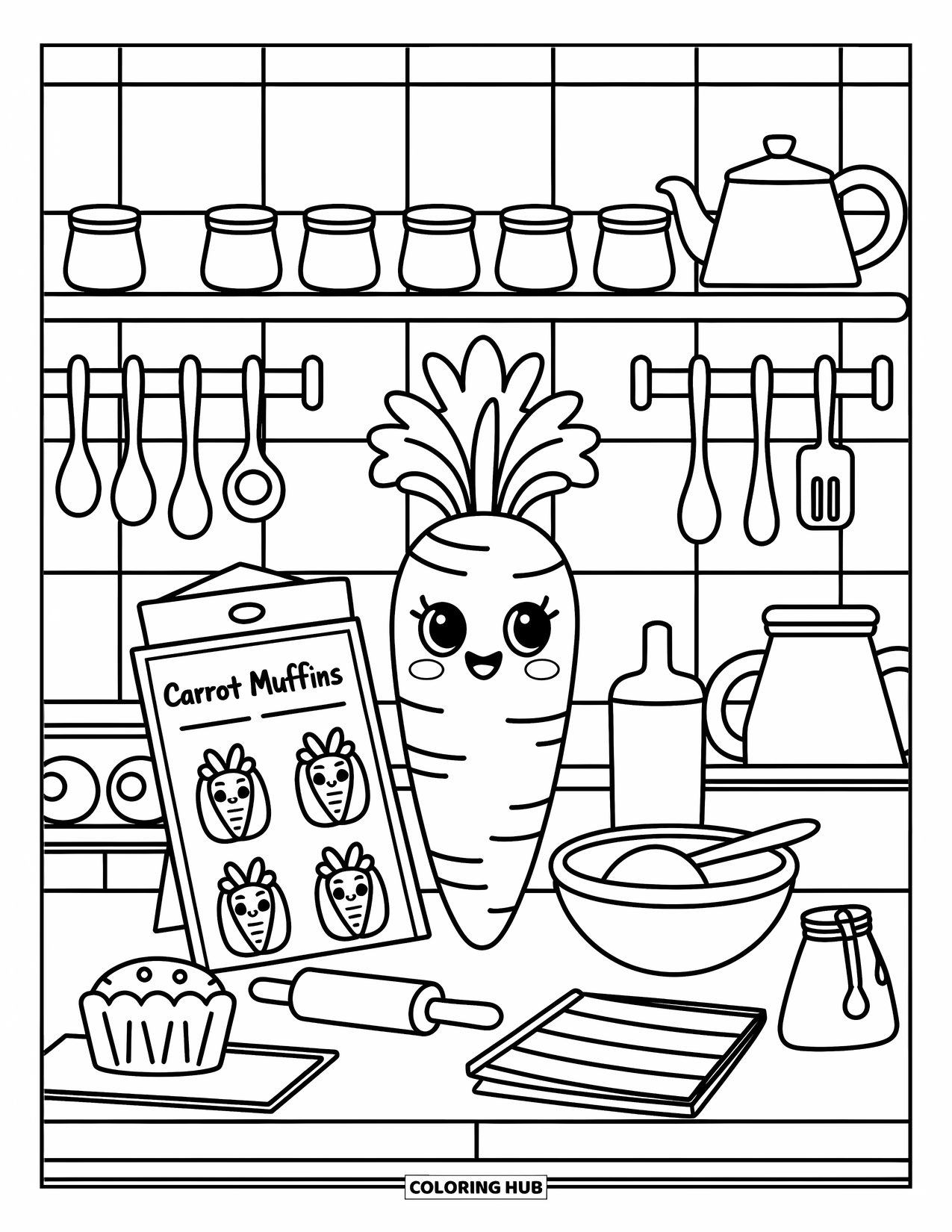 Carrot Coloring Page for Adults: A carrot stands cheerfully in a kitchen with tiny baking tools and carrot muffins