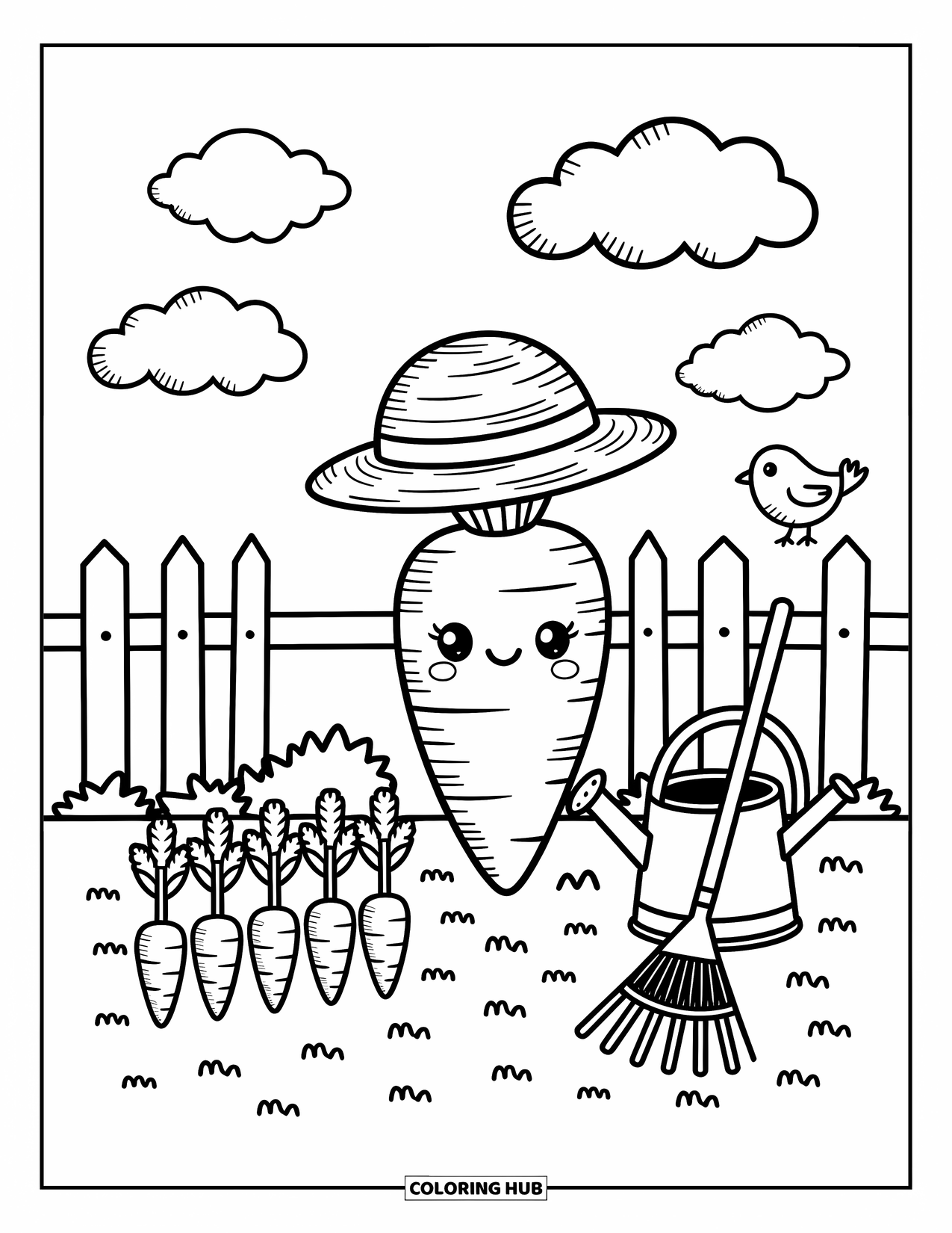 Carrot Coloring Page for Adults: A carrot with a straw hat stands beside baby carrots in a cute garden