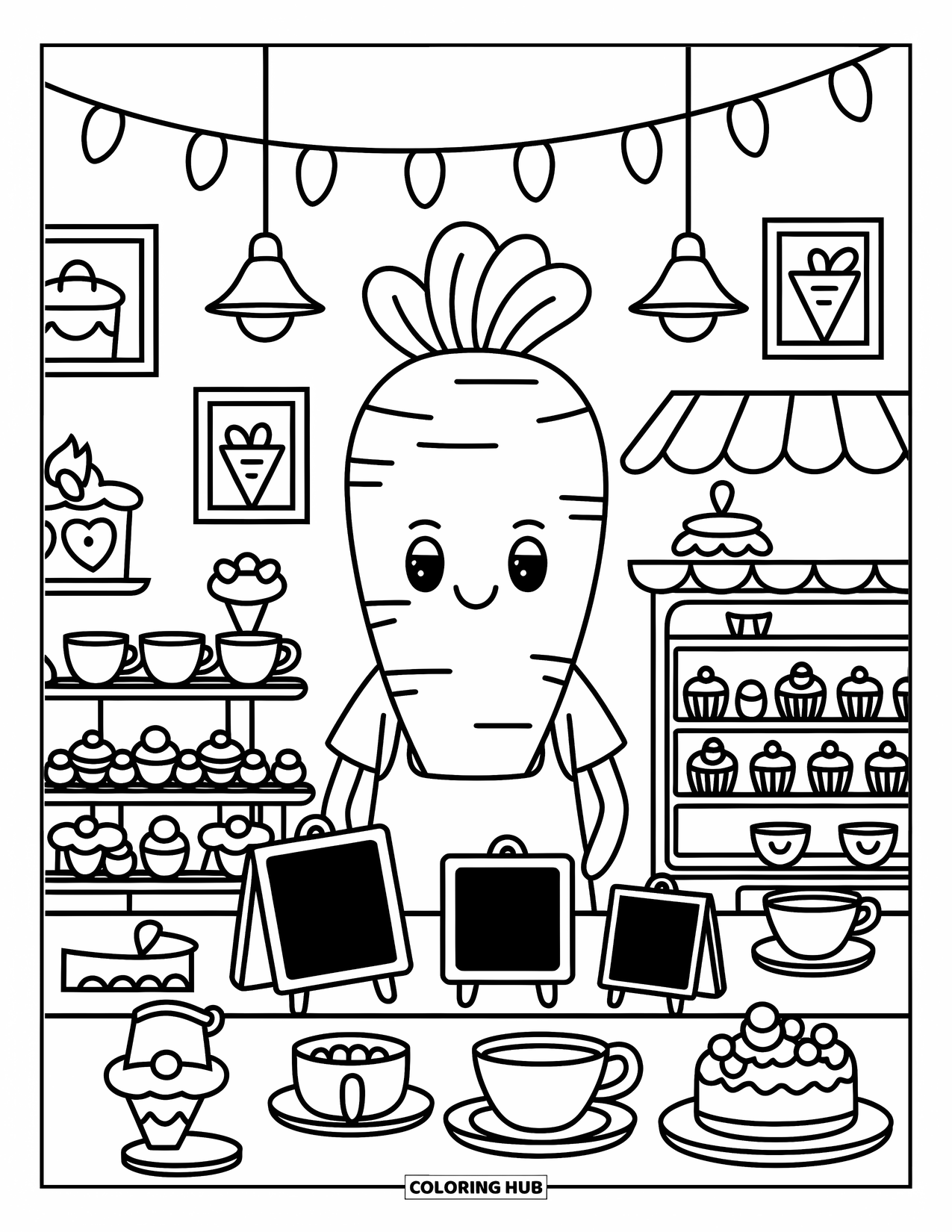 Carrot Coloring Page for Adults: A cheerful carrot greets guests at a cozy cafÈ full of treats and string lights