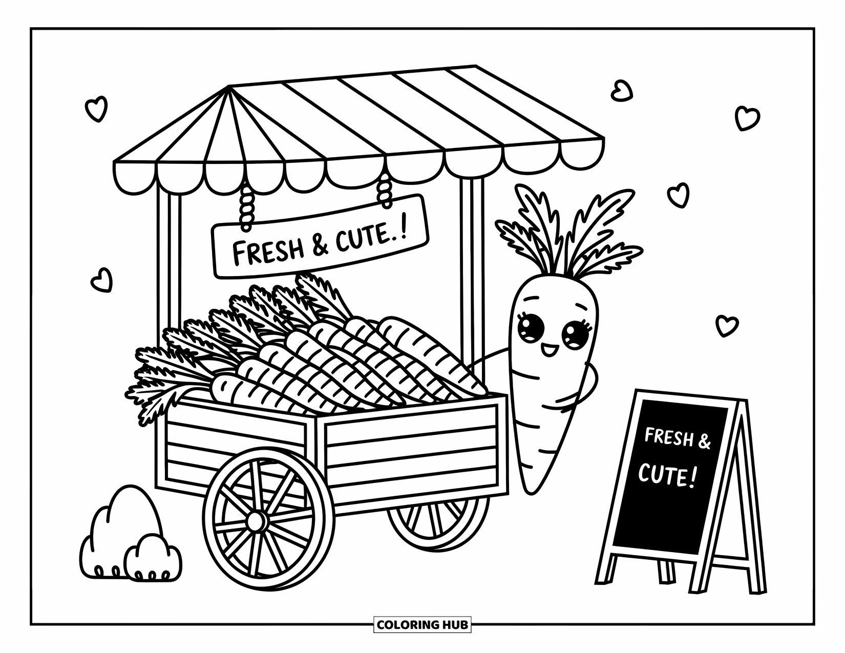 Carrot Coloring Page for Adults: A cheerful carrot sells fresh carrots at a sweet market stall with a playful sign