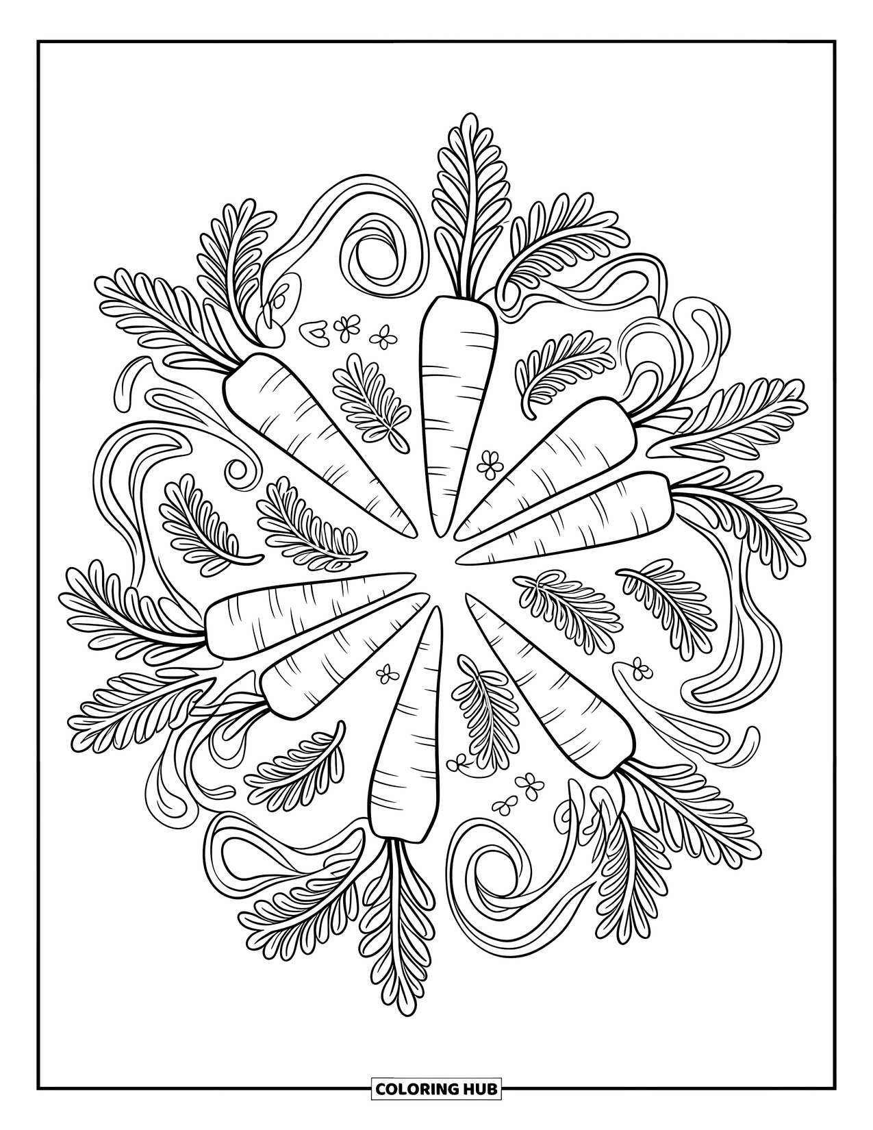 Carrot Coloring Page for Adults: A circle of carrots is woven with twisting leaves and small flowers