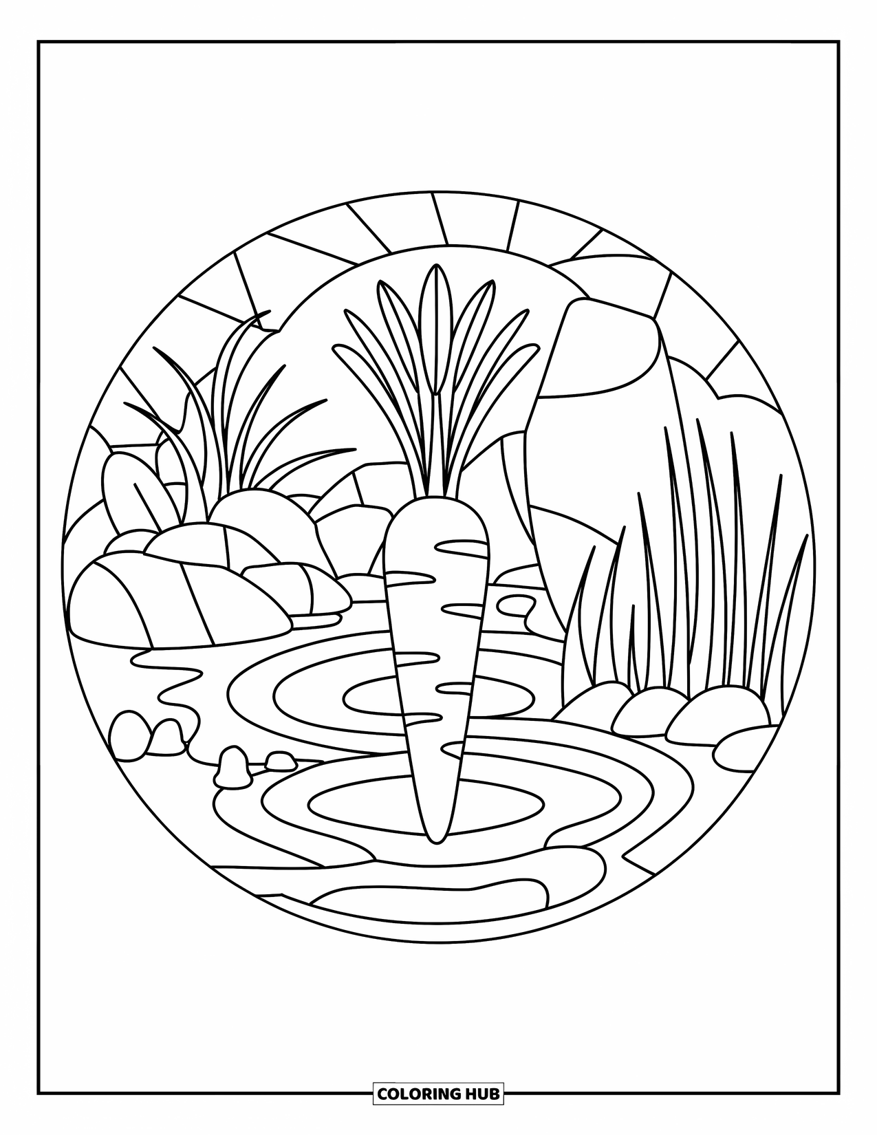 Carrot Coloring Page for Adults: A circular zen garden features a carrot surrounded by rocks and plants