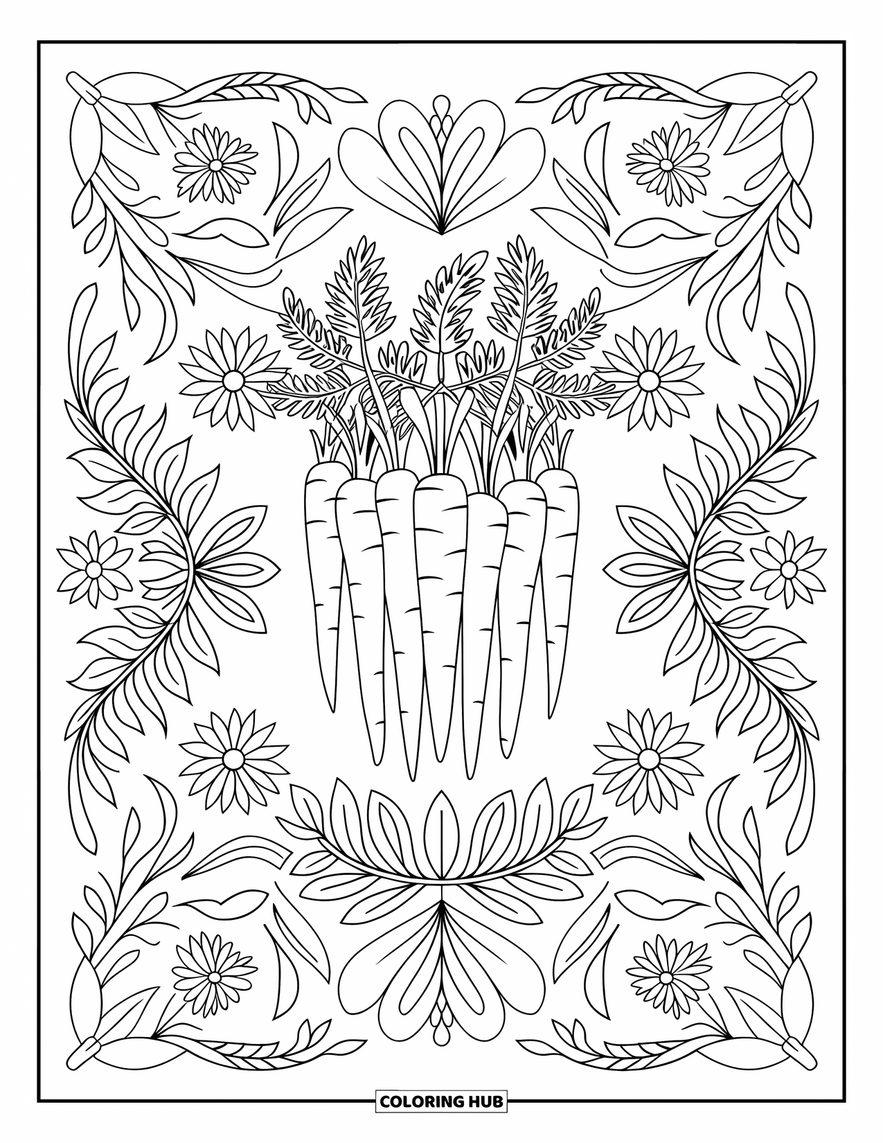 Carrot Coloring Page for Adults: A cluster of carrots is nestled in a floral design with vines and leaves