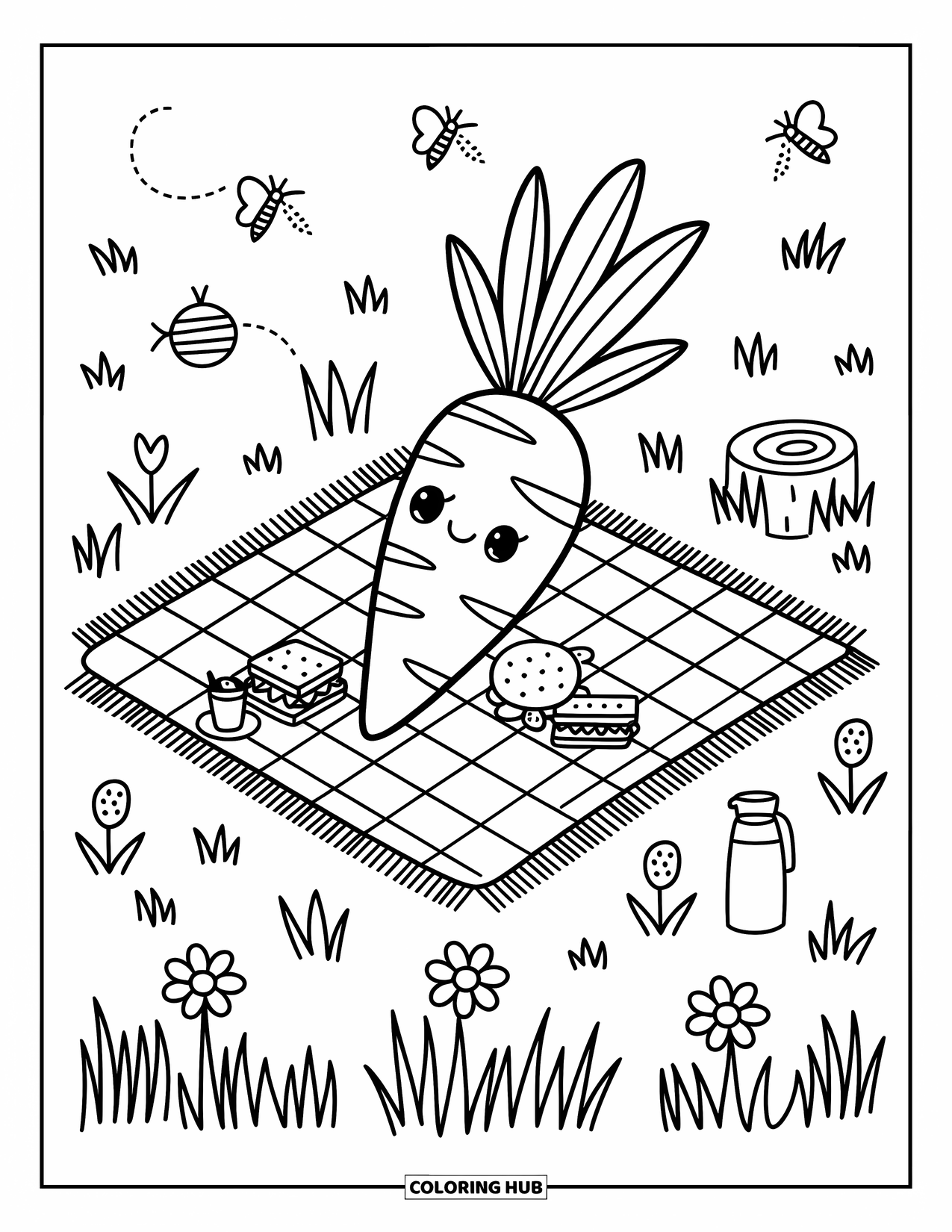 Carrot Coloring Page for Adults: A cute carrot enjoys a picnic with bees, wildflowers, and tiny countryside treats