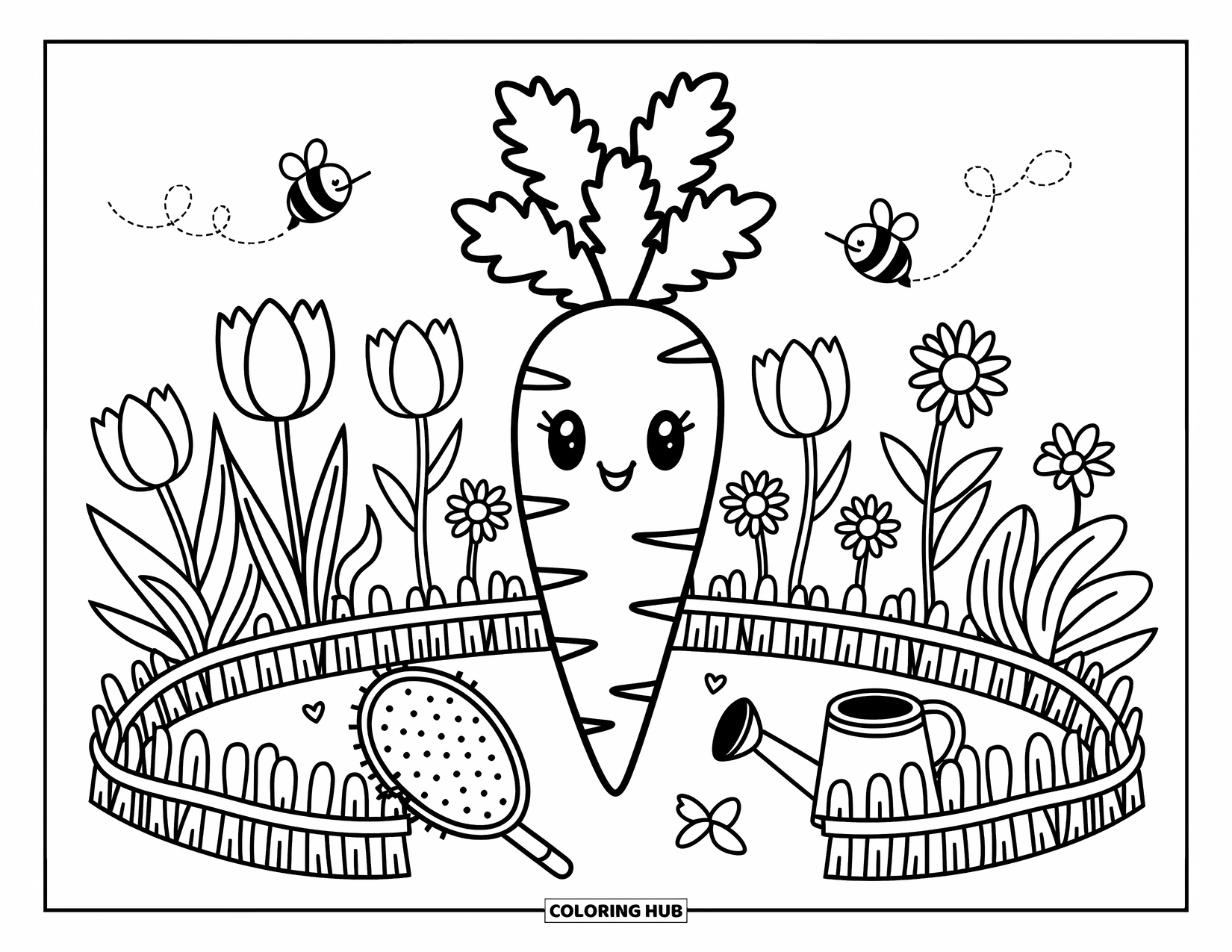 Carrot Coloring Page for Adults: A grinning carrot stands in a flower patch with tulips, vines, and playful bees